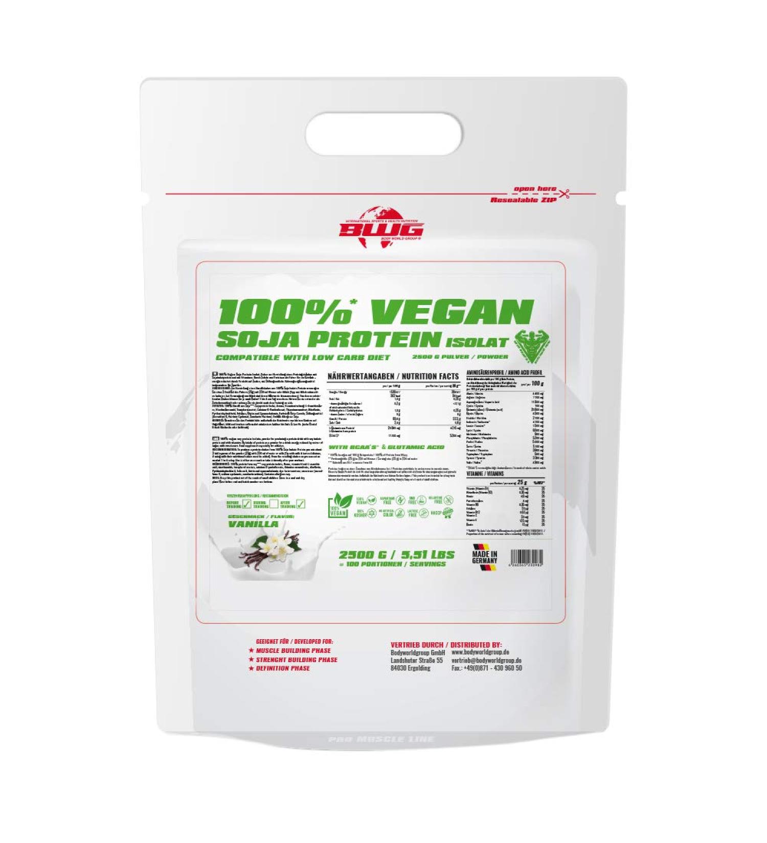 BWG Soy Isolate Protein Shake - 100% Vegan Lactose-Free Non-GMO 2500g Pure Soy Protein Powder - Vanilla Flavor - Buy Online on GoSupps.com