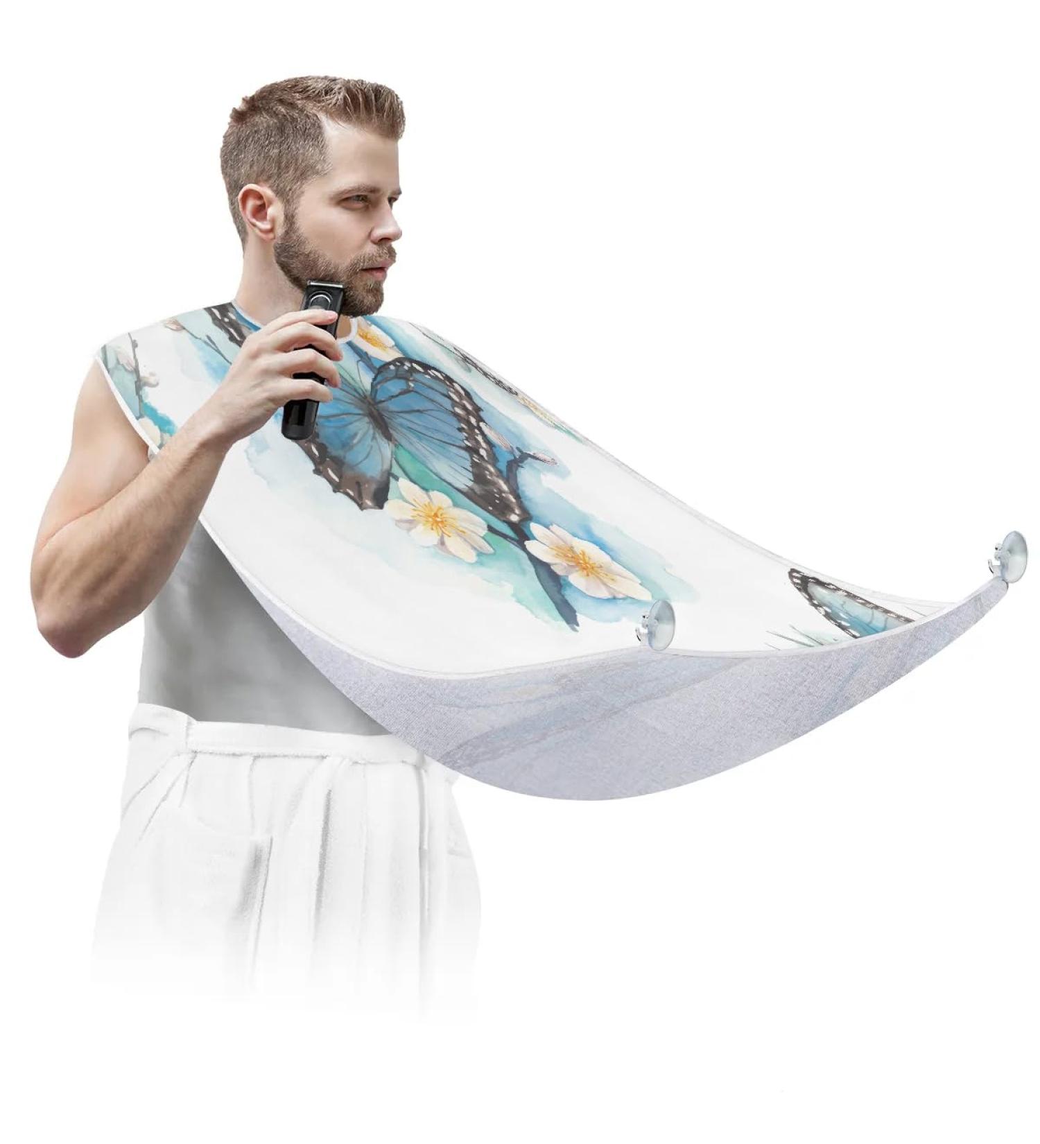 Butterfly Flower Pattern Beard Bib Apron - Non-Stick Waterproof Hair Catcher for Men | Perfect Grooming Gift with Suction Cups - Buy Online on GoSupps.com