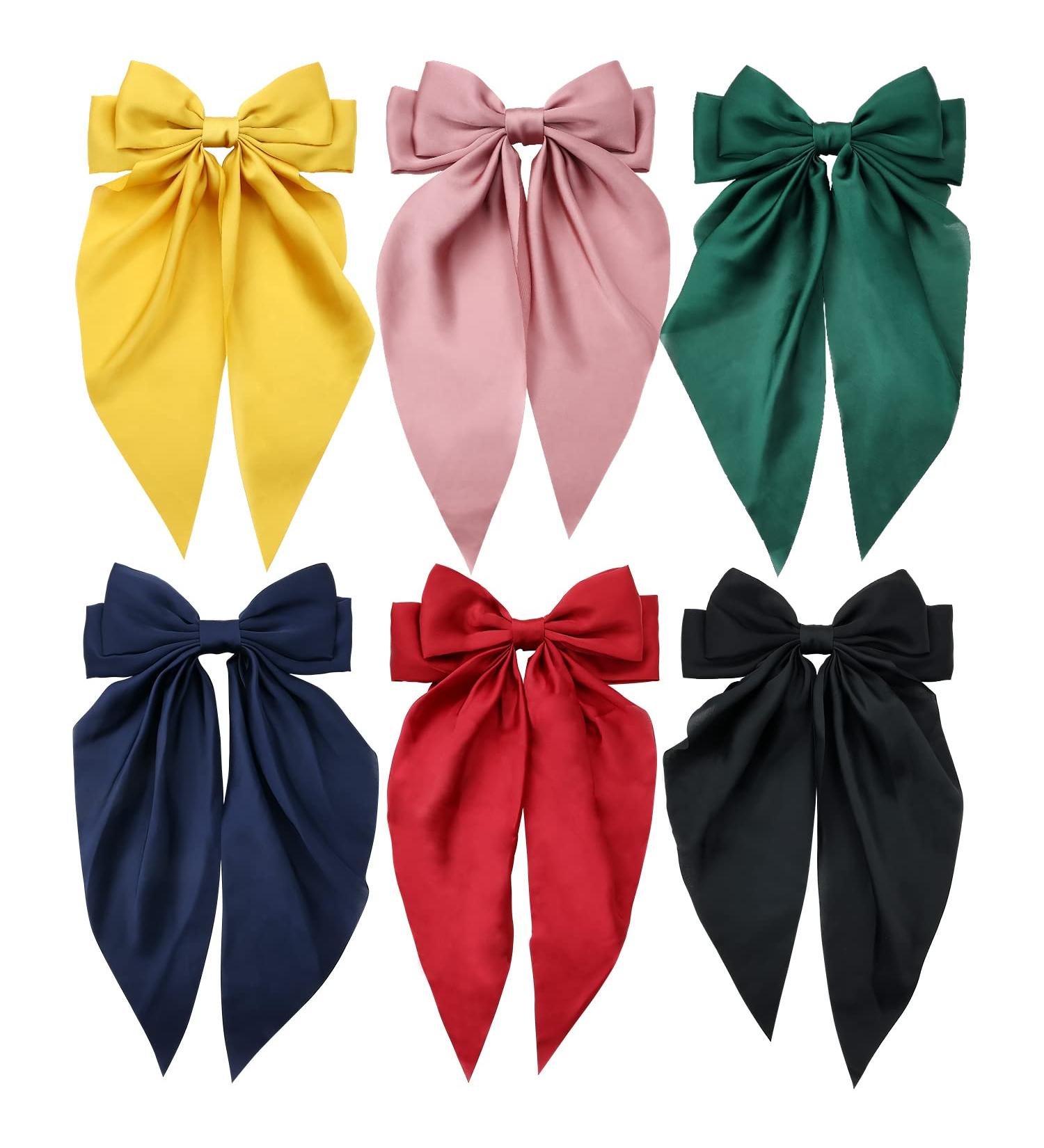 6 Pack Satin Large Hair Bows Big Oversized Giant Bow Hair Clips French Barrettes with Long Silky Ribbon Bowknot Bun Ponytail Holder Accessories for Women Lady Girl - Buy Online on GoSupps.com