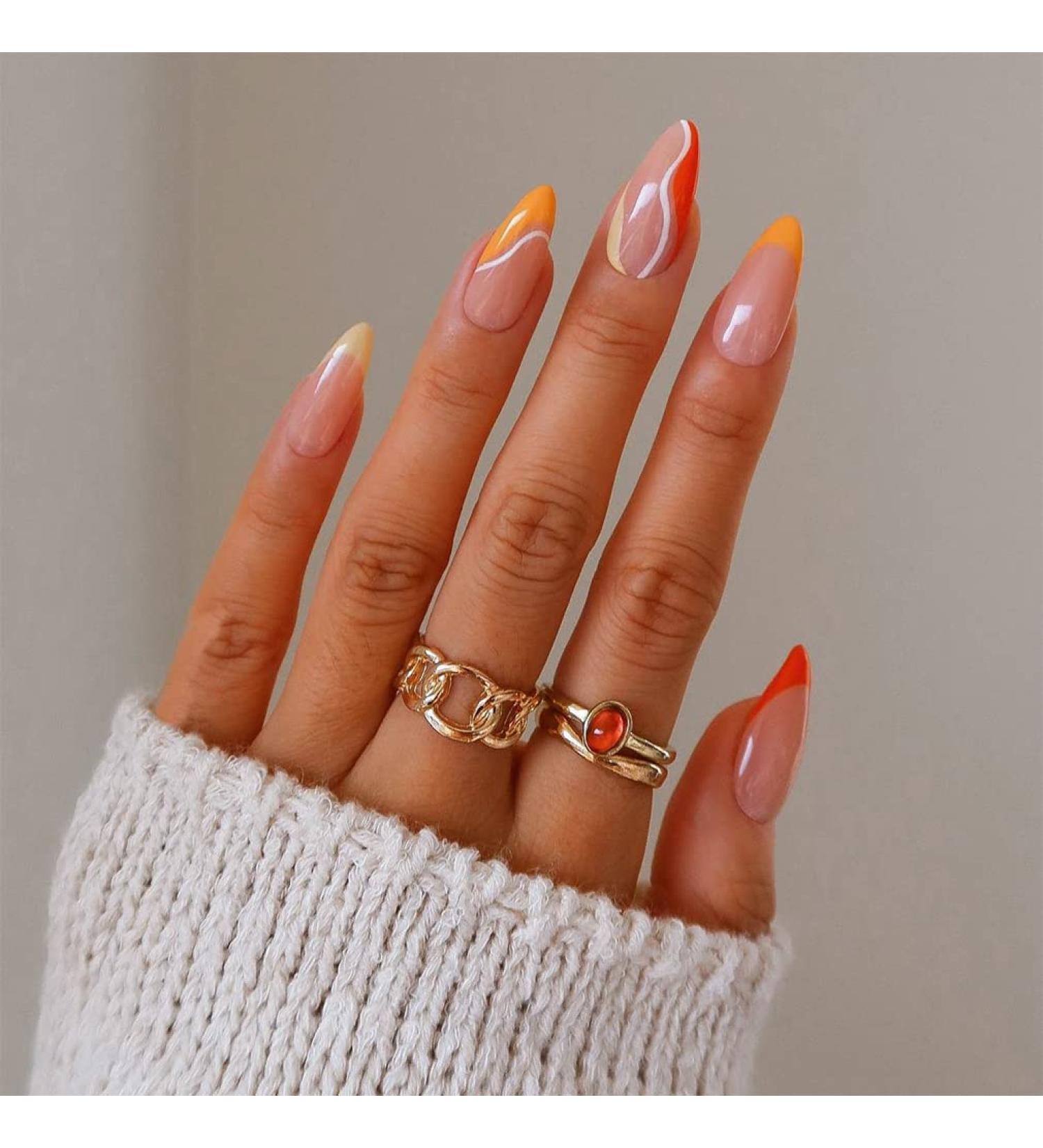 Sethexy 24-Count Almond Shape French Press On Nails - Mango Swirl Acrylic Fingernails for Women & Girls - Buy Online on GoSupps.com