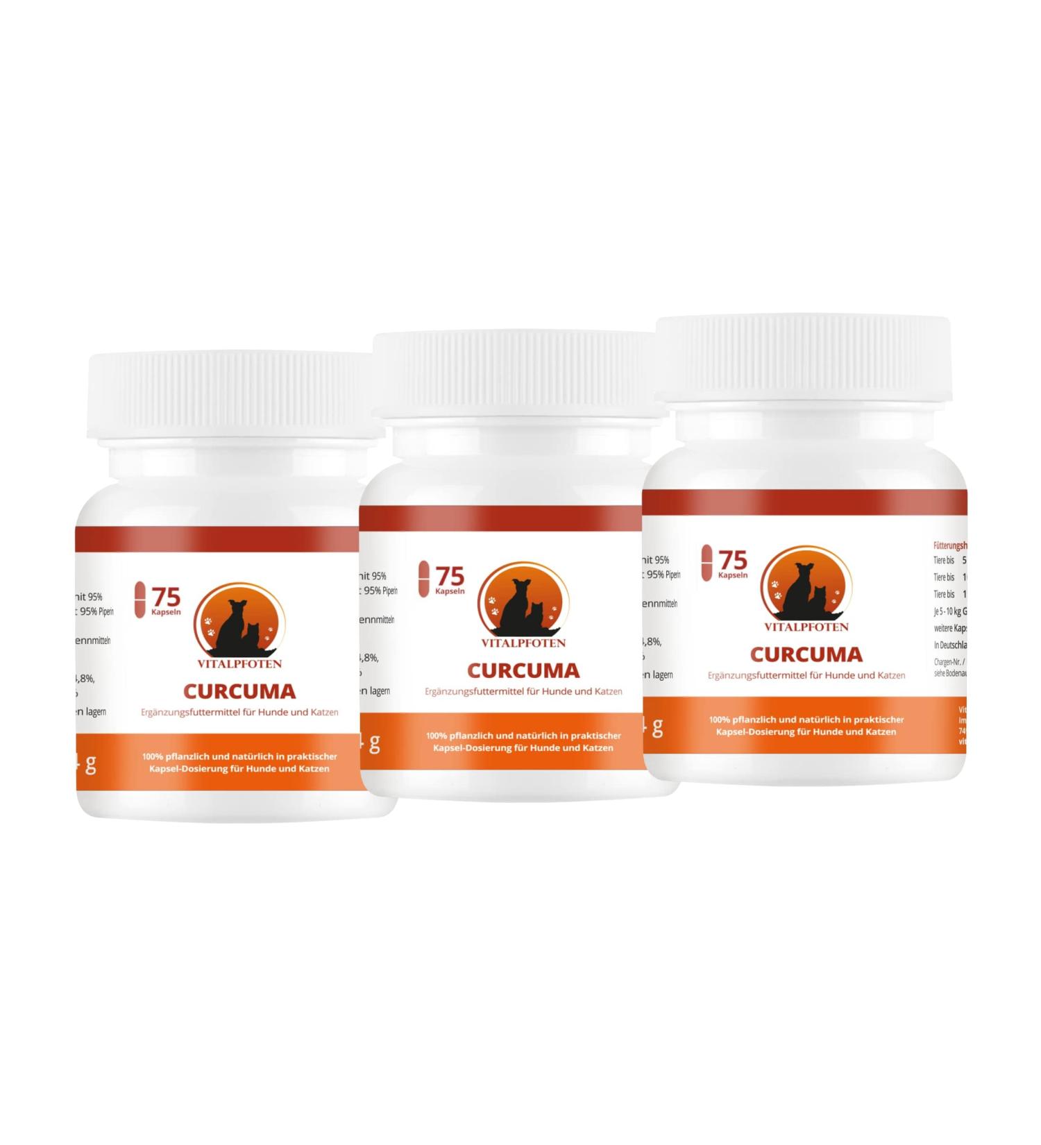 Vital Paws 3x75 Capsules Curcuma for Dogs & Cats - Premium Curcumin & Piperine Supplement Made in Germany High Purity & Quality - Buy Online on GoSupps.com