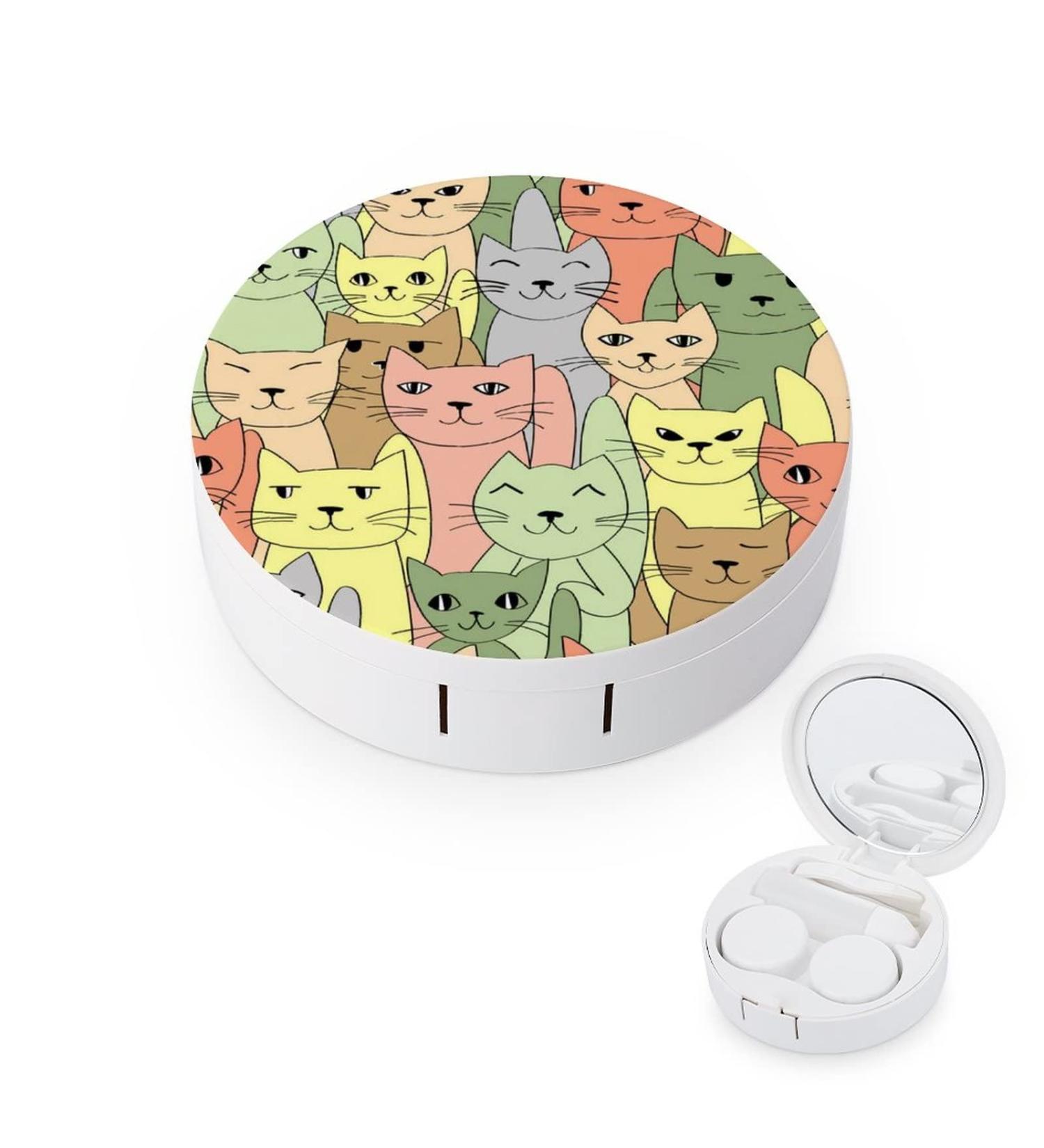 Funny Many Cats Round Case For Contact Lens Kit Storage Box with Mirror Printed - Buy Online on GoSupps.com