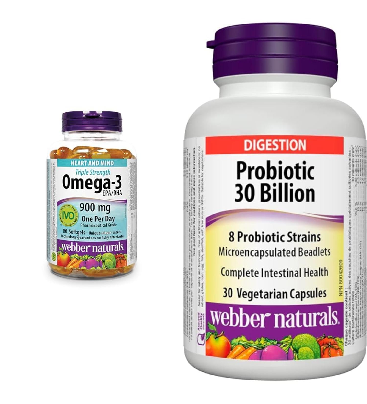 Webber Naturals Omega-3 900 mg Triple Strength & Probiotic 30 Billion Active Cells 8 Probiotic Strains 30 Capsules For Digestive Health Vegetarian 80 Omega + 30 Capsules - Buy Online on GoSupps.com