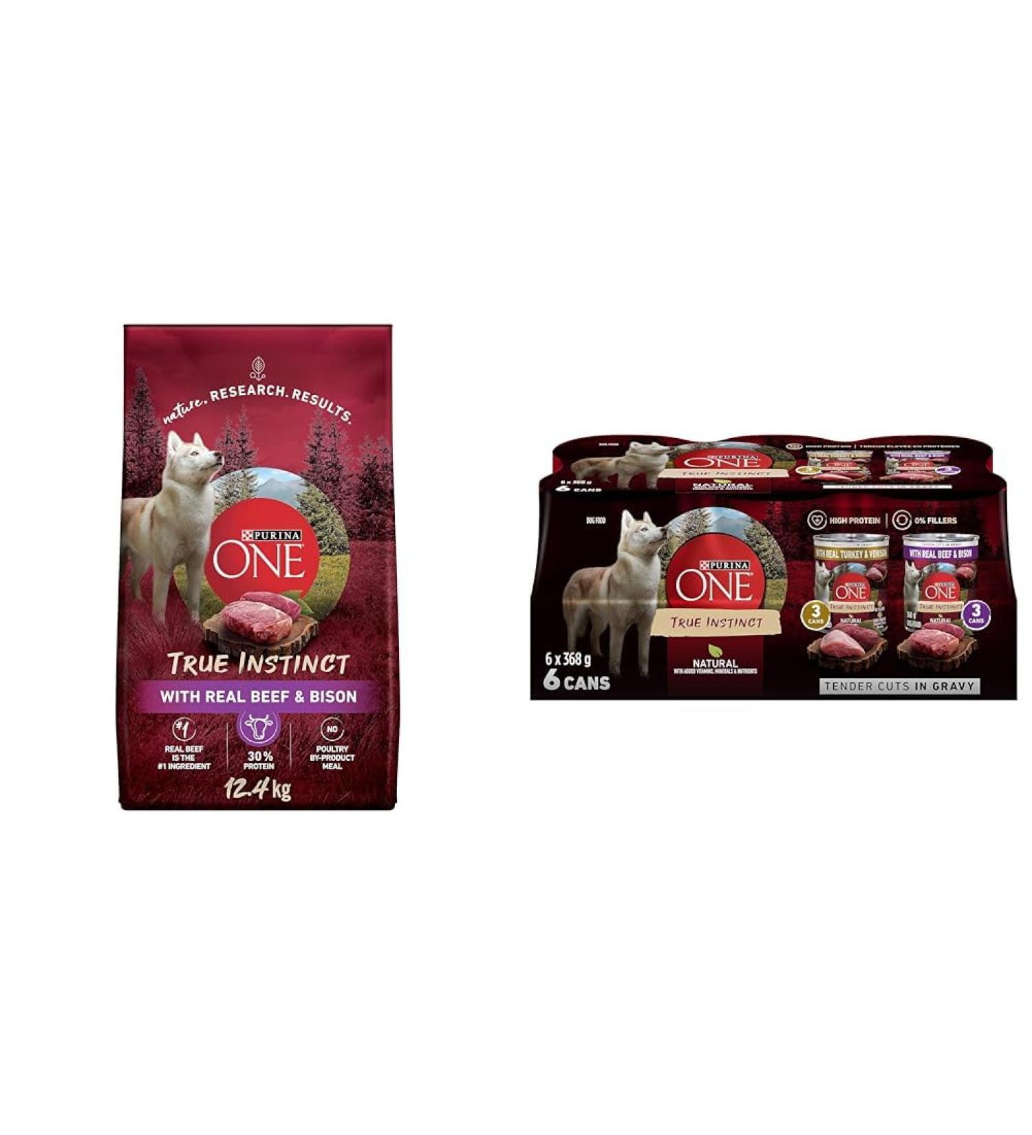 Purina ONE True Instinct High Protein Dry Dog Food Beef & Bison - 12.4 kg Bag & Purina ONE Tender Cuts True Instinct Wet Dog Food in Gravy Variety Pack 2 Flavours - 368 g Can (6 Pack) - Buy Online on GoSupps.com