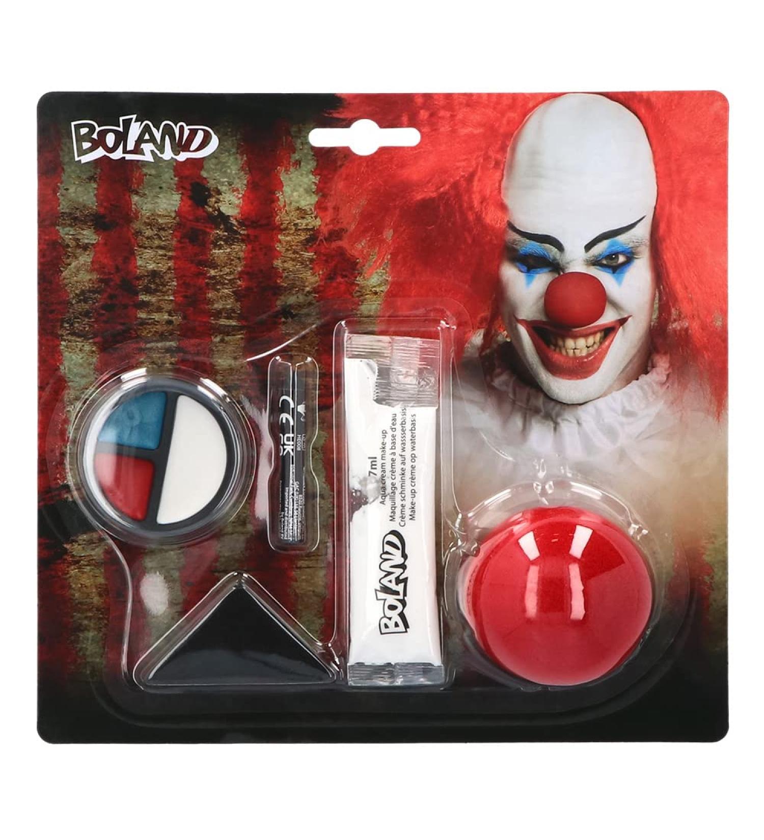 Boland 45094 - Horror clown make-up set multi-coloured highly pigmented colour-intensive with nose make-up pencil make-up and sponge