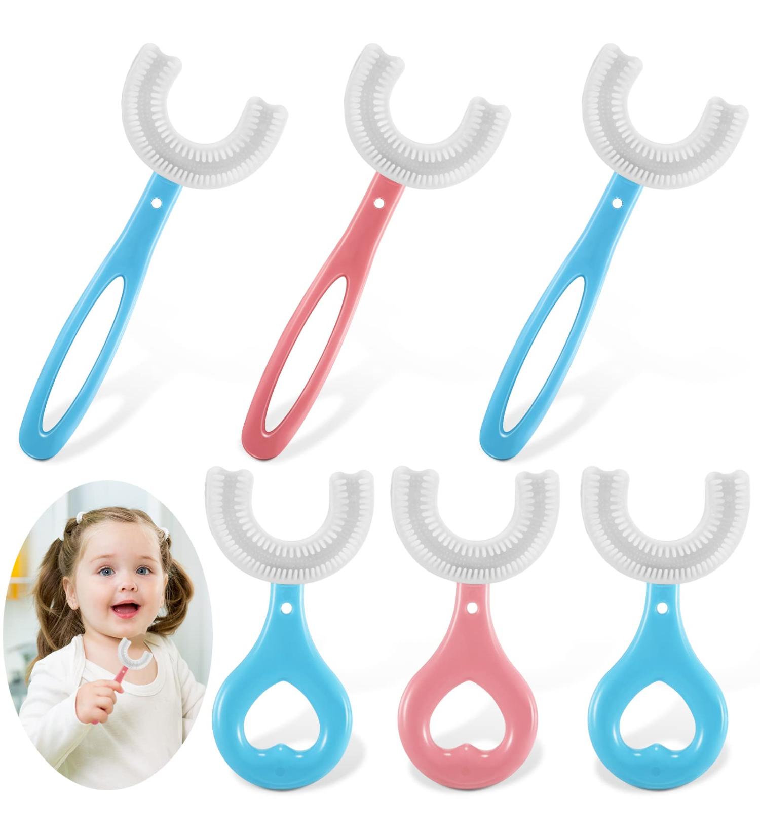 6 Pcs Soft Silicone Kids U-Shaped Toothbrushes for Children 2-12 Years Old - Whole Mouth Teeth Cleaning Toothbrushes in Heart & Straight Handle Styles - Buy Online on GoSupps.com