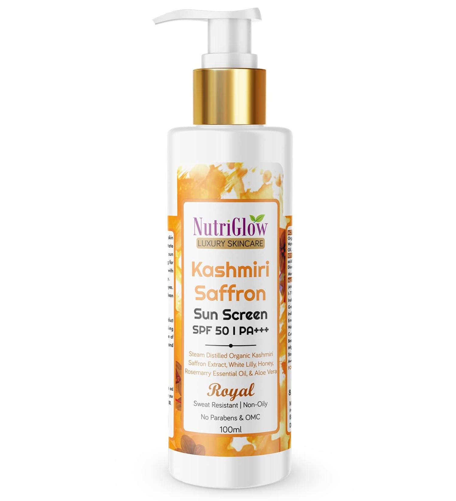 Nutriglow Luxury Skincare Kashmiri Saffron Sunscreen Serum 50 Pa+++ with Aloe Vera Extract| Protection From Uv Rays and Sun Tan| for All Skin Type|100 Ml - Buy Online on GoSupps.com