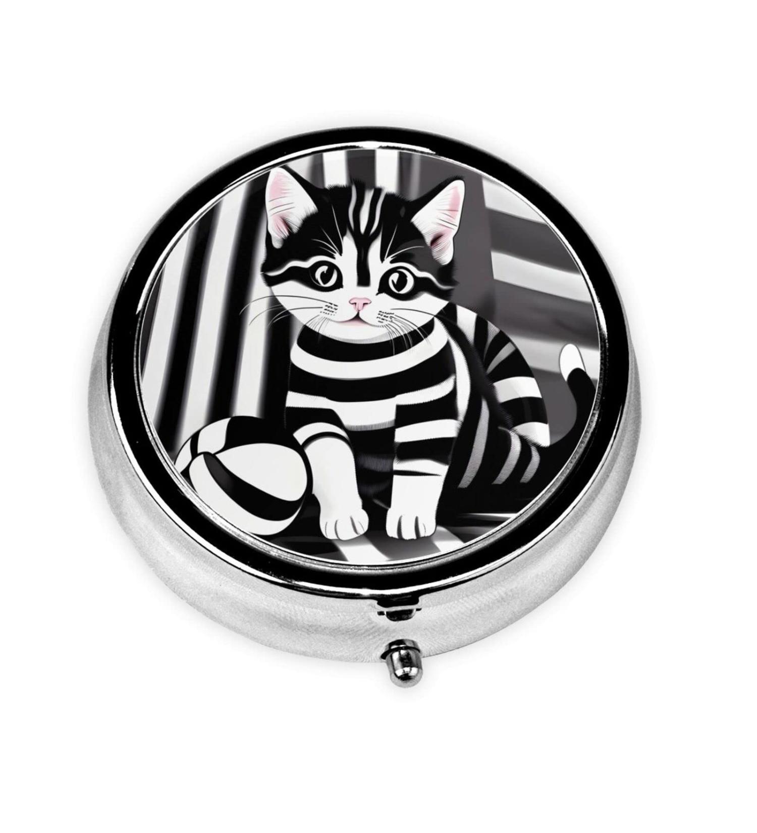 Black and White Striped Round Pill Box | 3 Compartment Travel Organizer | Portable Kitten Pill Box for International Shipping - Buy Online on GoSupps.com