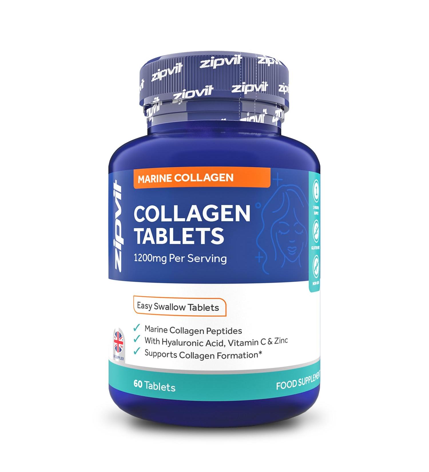 Zipvit Marine Collagen 1200mg Tablets with Hyaluronic Acid Vitamin C and Zinc. High Strength Type 1 Collagen for Men and Women Supports Hair Skin and Nails 60 Tablets 1 Month Supply Collagen Tablets - 60 Pack - Buy Online on GoSupps.com