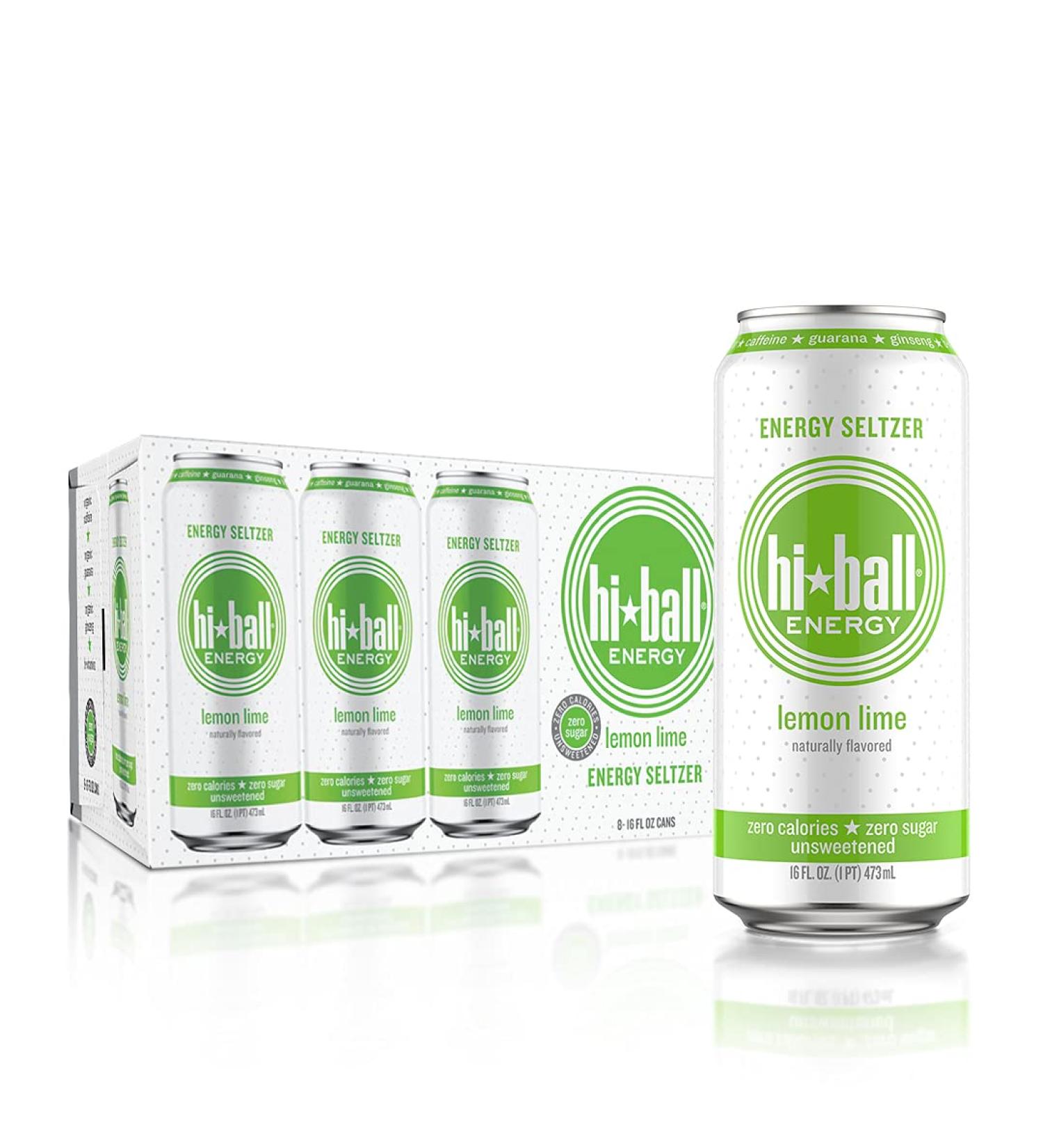 Hiball Energy Seltzer Water - Caffeinated Sparkling Water, Zero Calorie & Sugar Free, Lemon Lime, 16 Fl Oz (Pack of 8) - Buy Online on GoSupps.com
