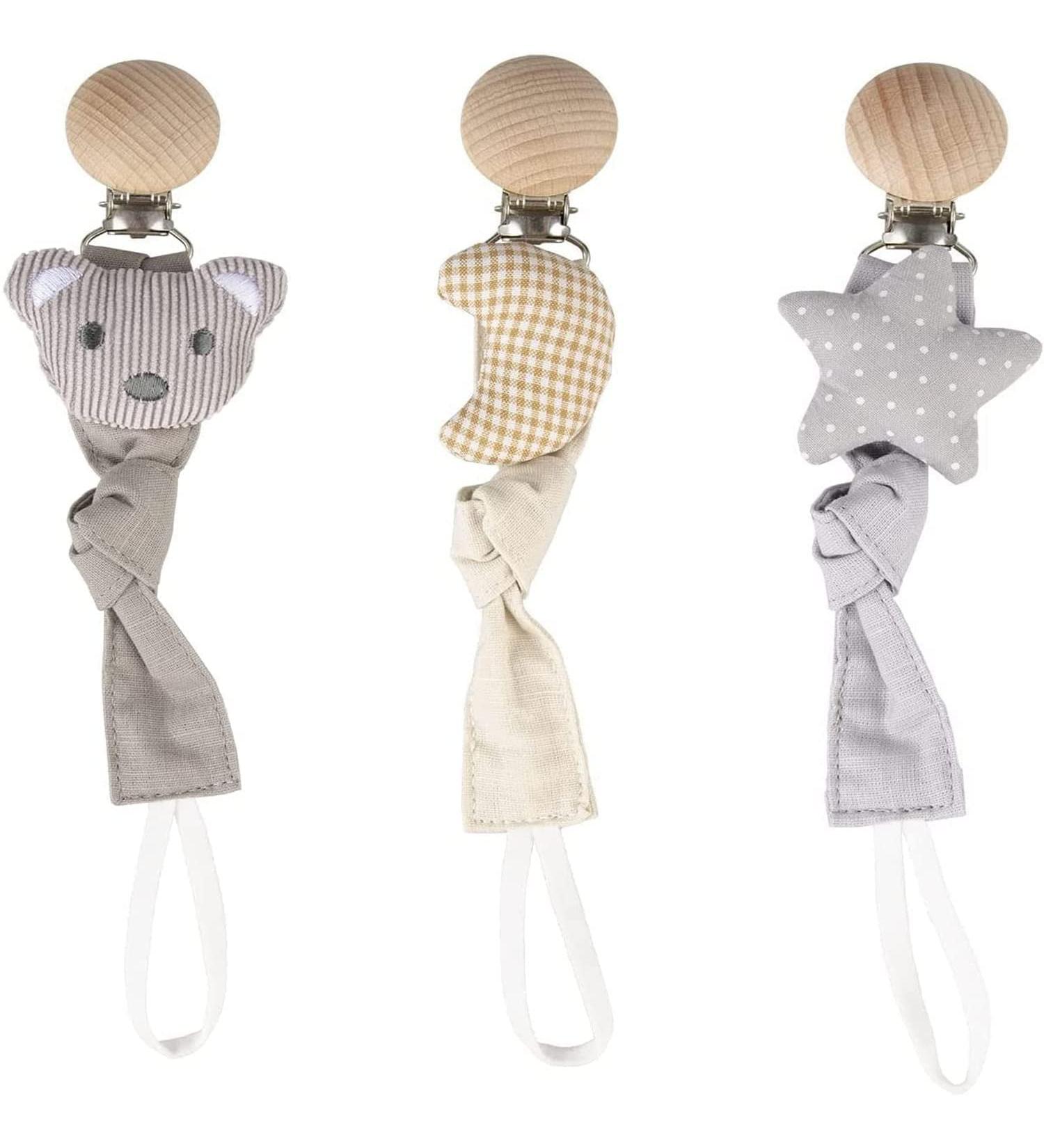 Meiso 3-Piece Baby Pacifier Chain Set - Organic Cotton & Wood Nickel-Free Clips for Boys & Girls - International Shipping - Buy Online on GoSupps.com