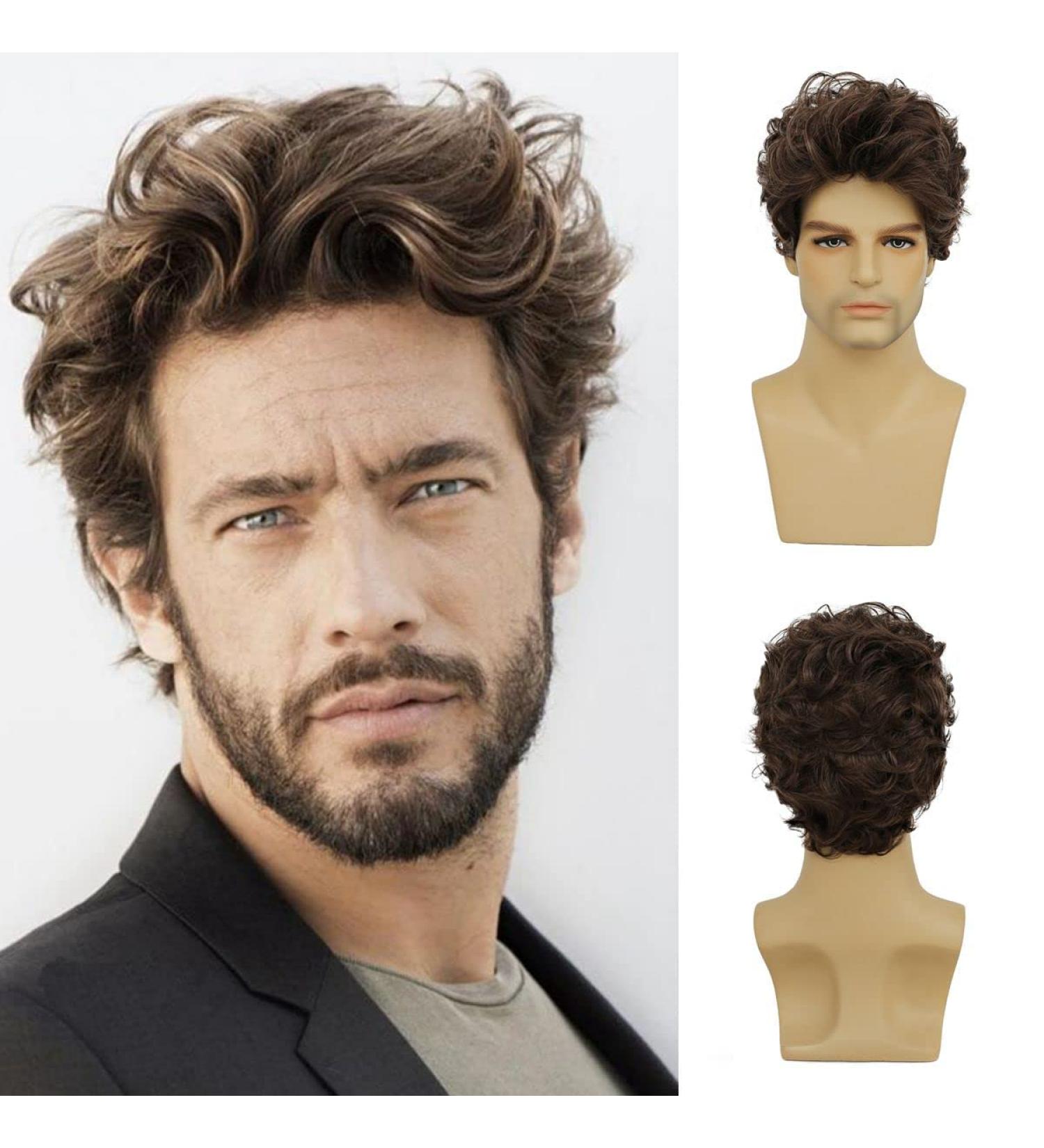 Brown Short Wavy Wig for Men | Synthetic Curly Halloween Costume Wig with Cap - Y9042-Brown - Buy Online on GoSupps.com
