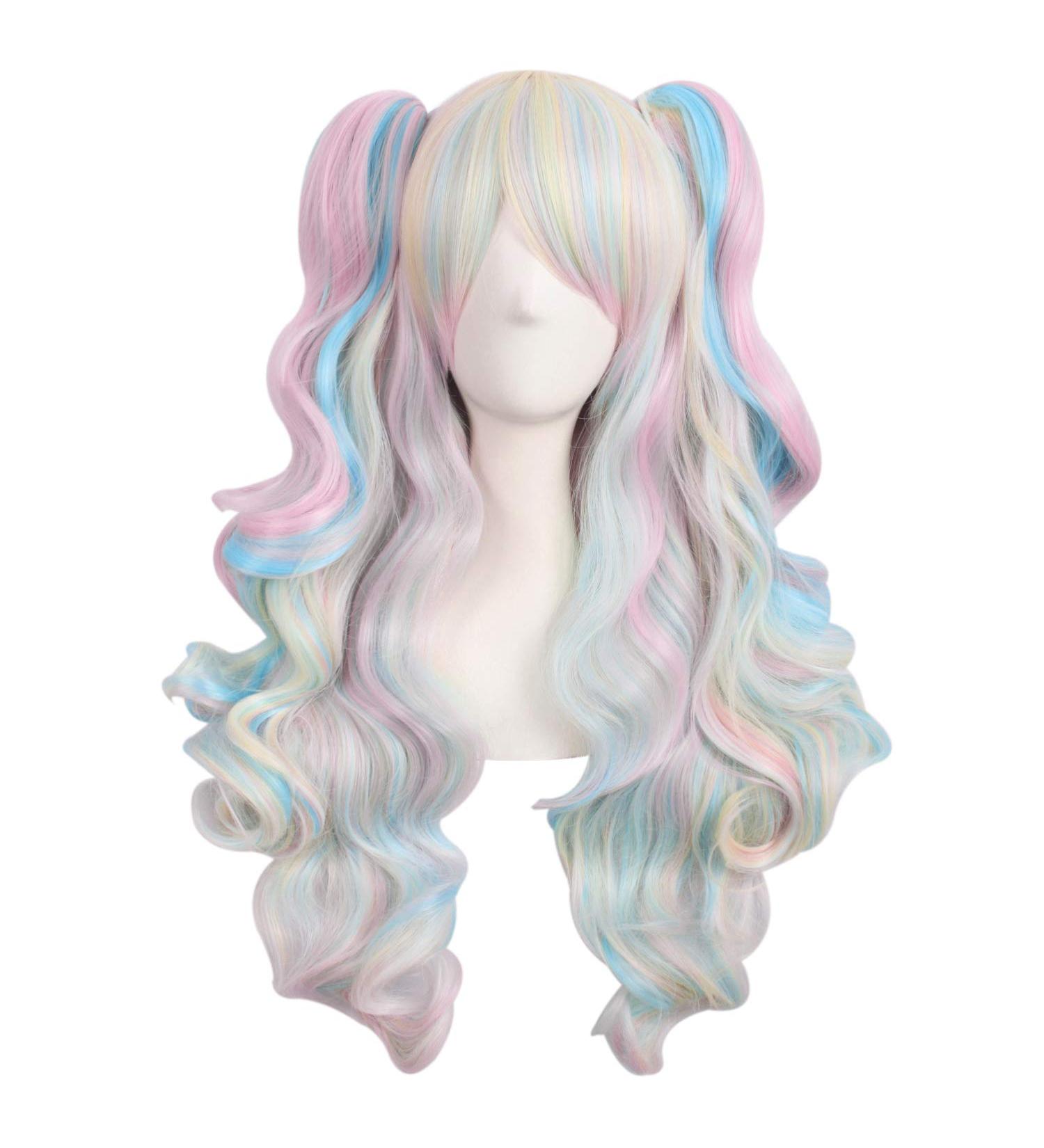 MapofBeauty Multi-color Lolita Long Curly Clip on Ponytails Cosplay Wig (Pink/Blue/Blonde) Pink/ Blue/ Blonde - Buy Online on GoSupps.com