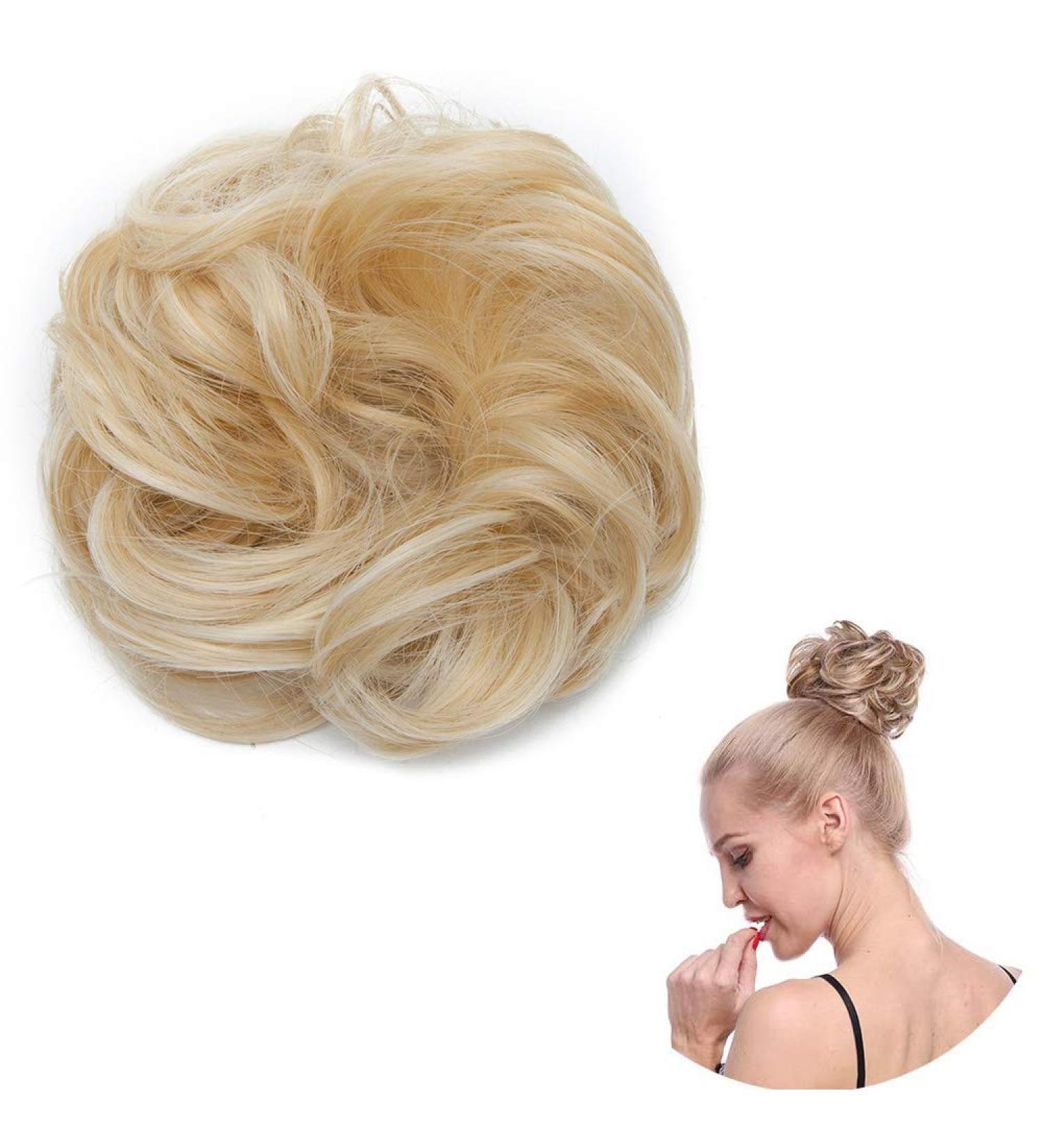 Honey Blonde & Bleach Blonde Messy Updo Hair Bun Extension - Curly Hair Scrunchie Ponytail Chignon - Buy Online on GoSupps.com