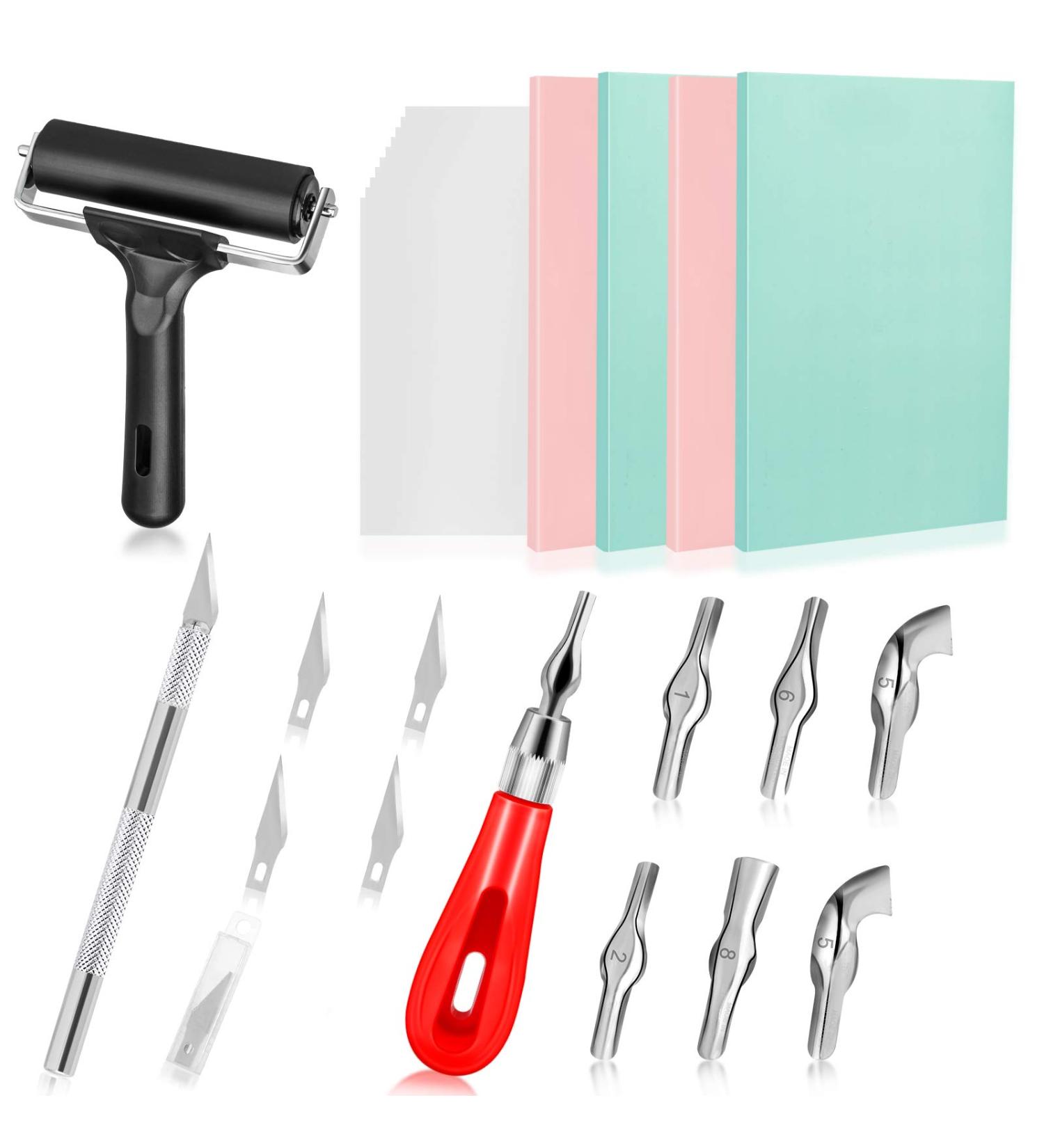 Hakkin 26Pcs Rubber Stamp Making Kit with Linoleum Cutter, Carving Block, and Brayer Roller - Block Printing Starter Tool Kit for DIY Crafts - Buy Online on GoSupps.com