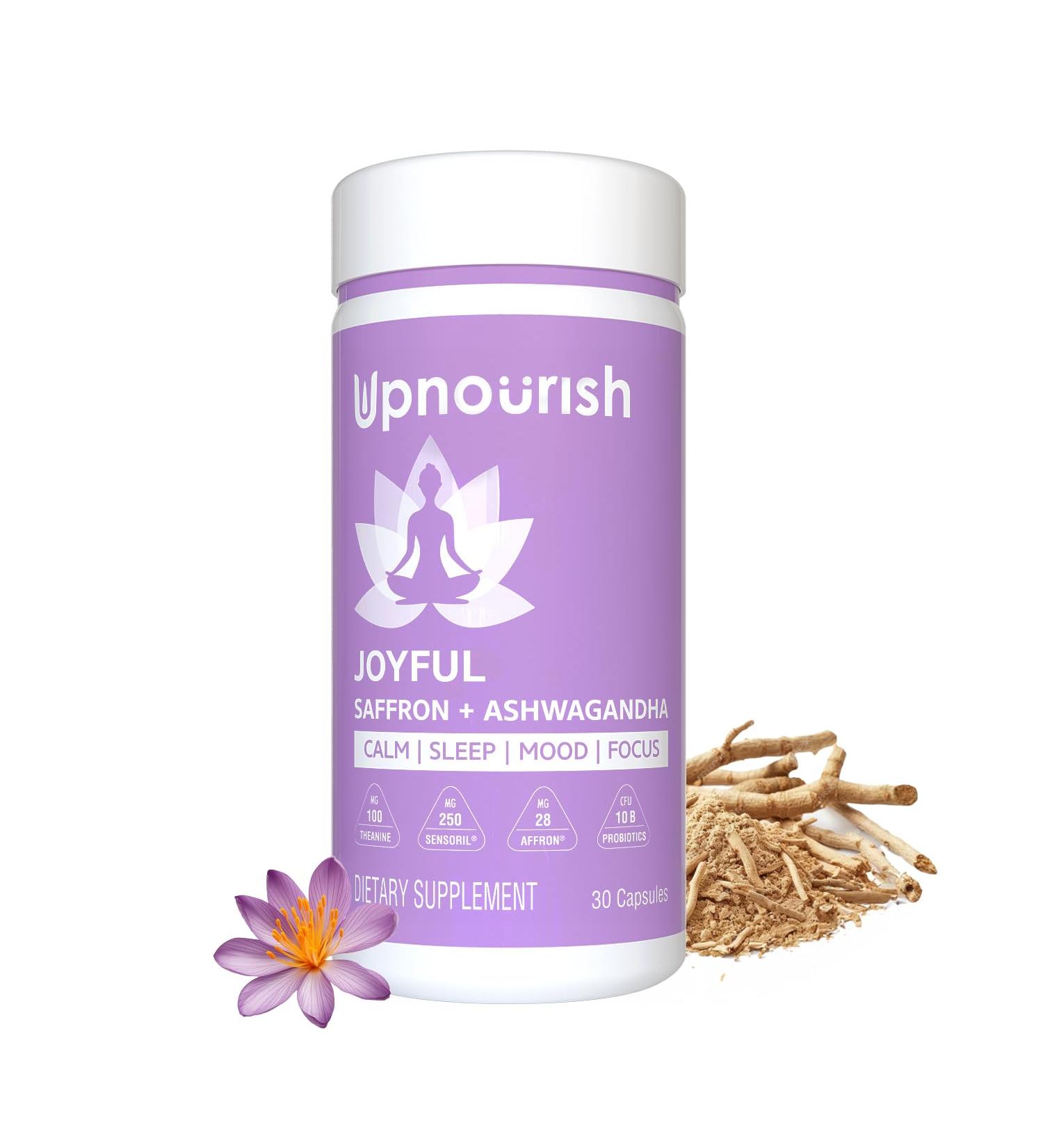 UpNourish Organic Ashwagandha Saffron Supplements with Probiotics - Stress Relief Mood Enhancer Calm Happy Pills Support Fatigue Focus Clarity with L-Theanine Rhodiola 30 Vegan Capsules - Buy Online on GoSupps.com