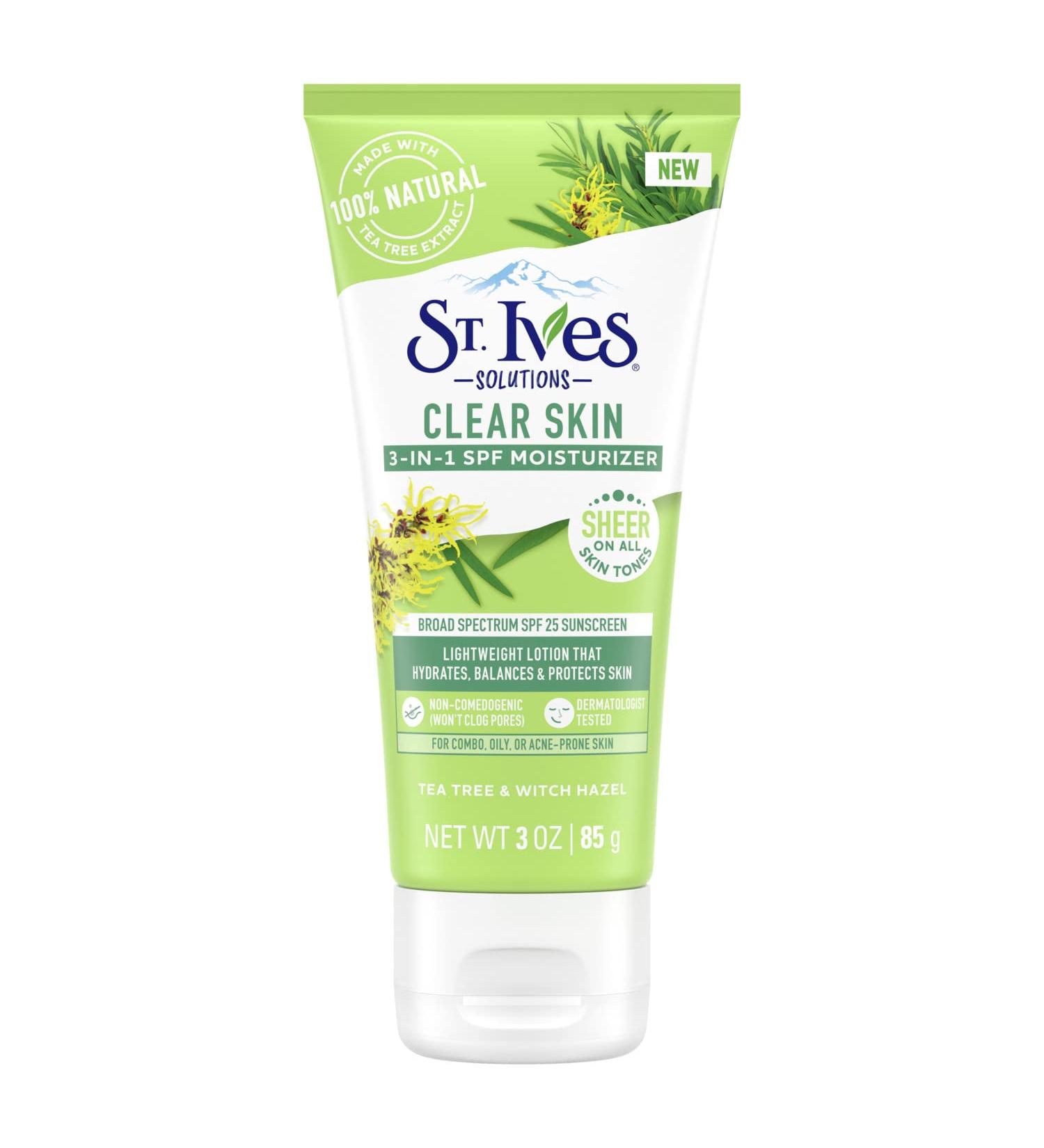 St. Ives Clear Skin Lotion SPF 25 - 3-in-1 Acne Prone Face Moisturizer - Tea Tree & Witch Hazel - 3 Fl Oz - Buy Online on GoSupps.com