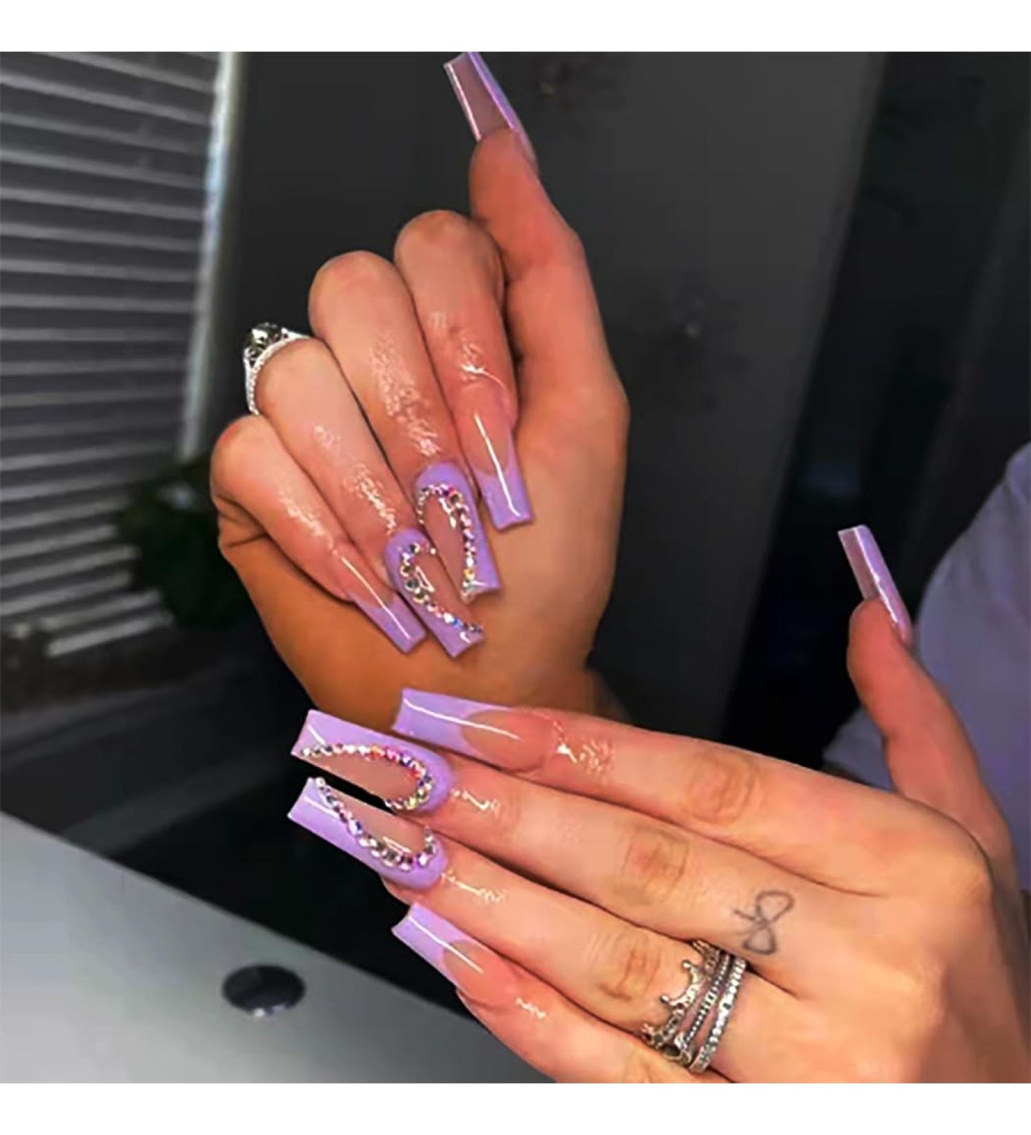 Brishow Purple French Artificial Press-On Nails - 24 Piece Crystal Ballerina Acrylic Set for Women & Girls - Buy Online on GoSupps.com