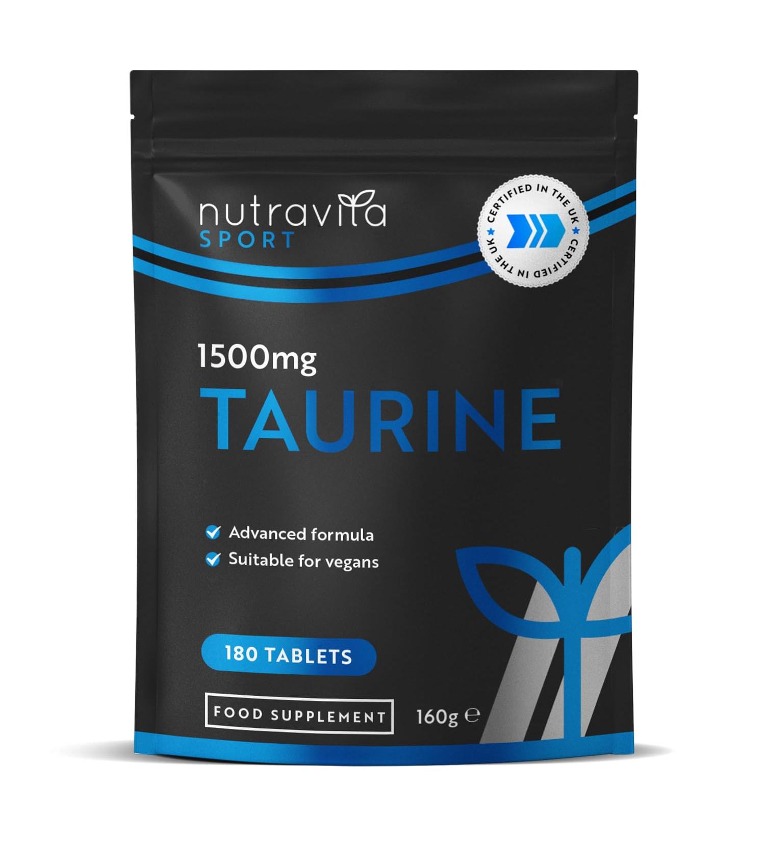 Taurine Supplement 1500mg - 180 High Strength Taurine Tablets - Vegan Amino Acids Taurine Nutritional Supplements - Powder Alternative - Sports Supplement for Men & Women - Made in The UK - Nutravita - Buy Online on GoSupps.com