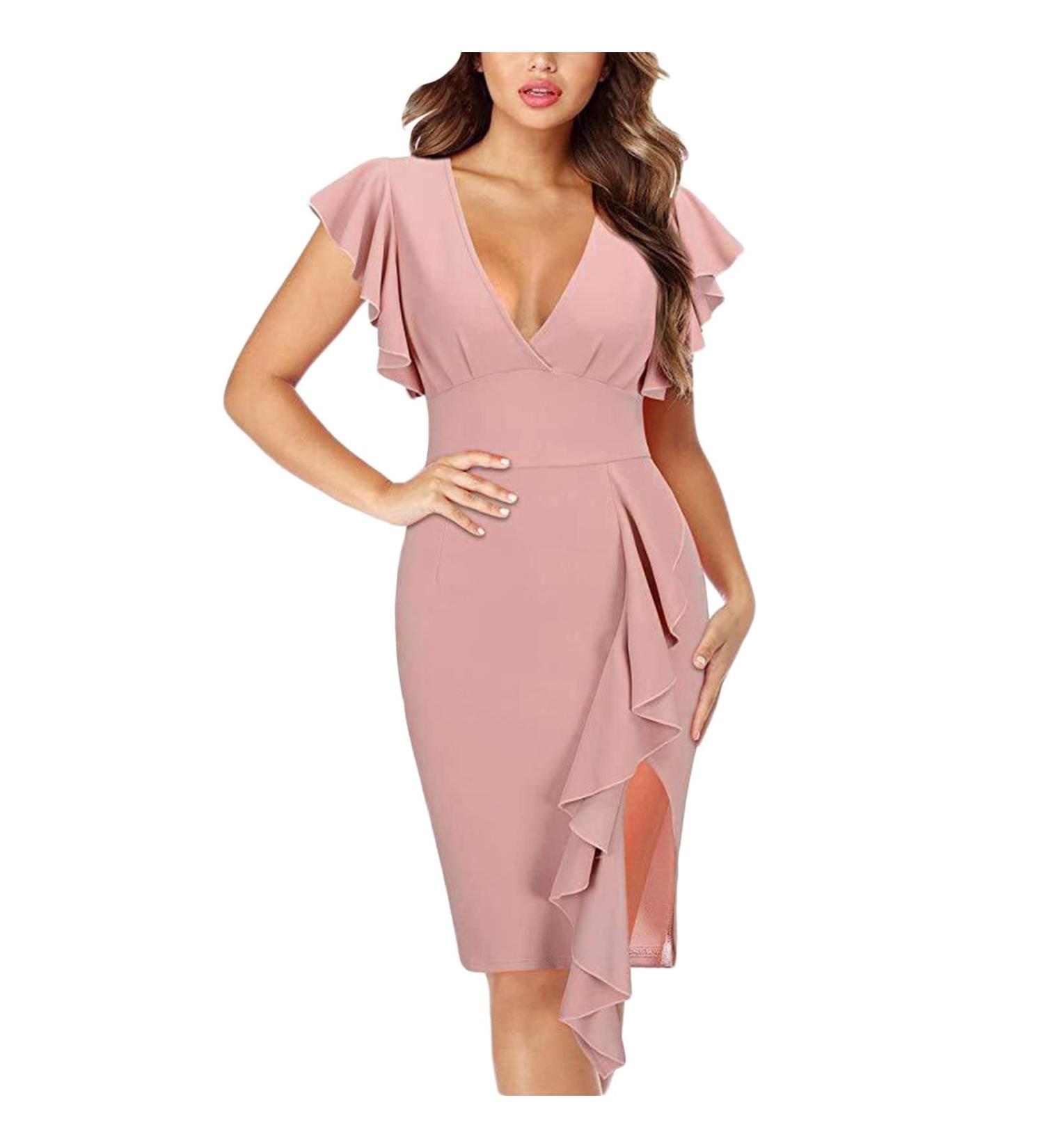 Briskyry V-Neck Floral Knee-Length Business Dresses for Women | Elegant Summer Party Dresses with Ruffled Hems & Moored Sleeves - Buy Online on GoSupps.com