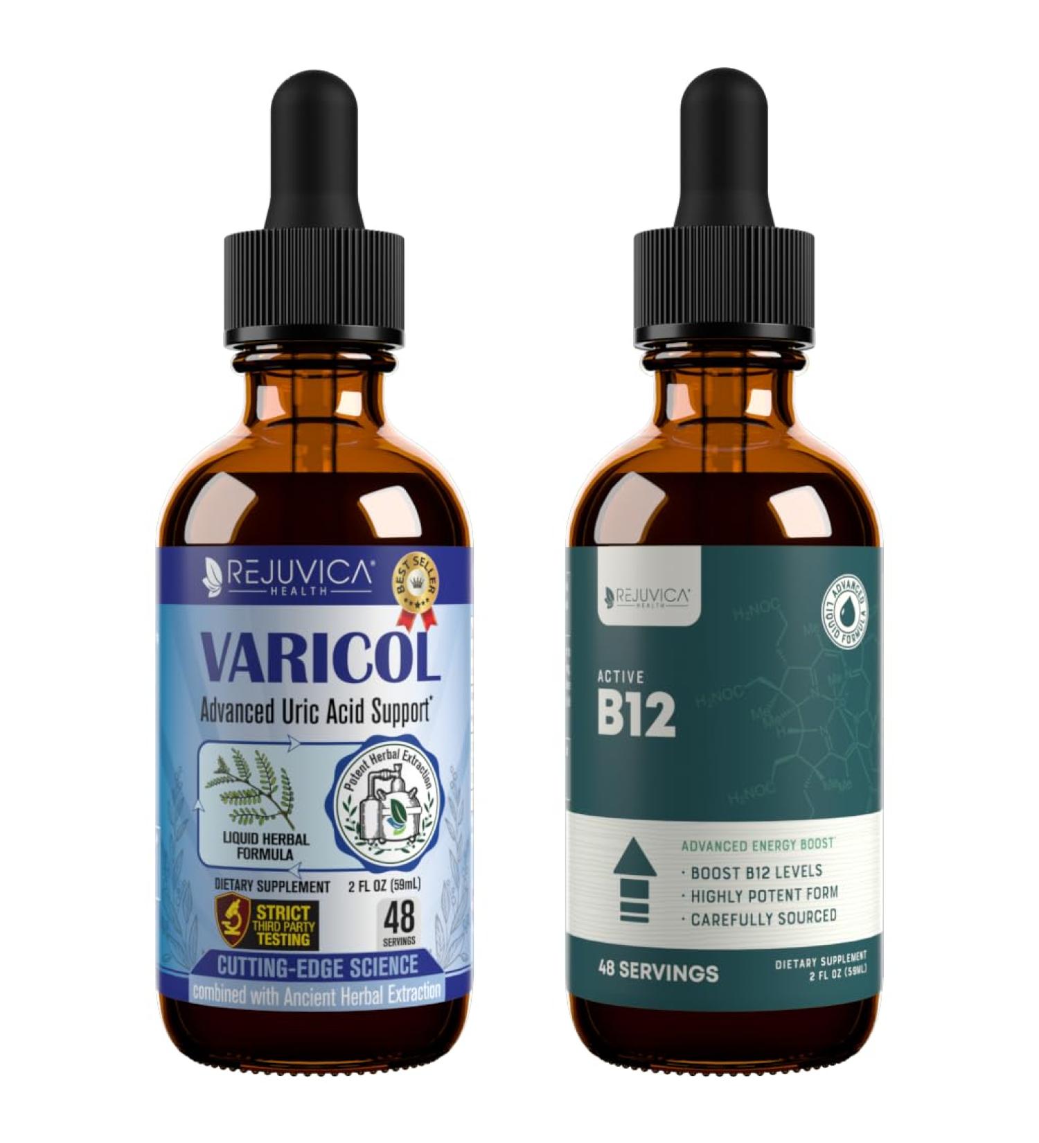 Rejuvica Health Varicol + Active B12 - Advanced Uric Acid Energy & Nerve Support Bundle - Liquid Delivery for Better Absorption - Buy Online on GoSupps.com