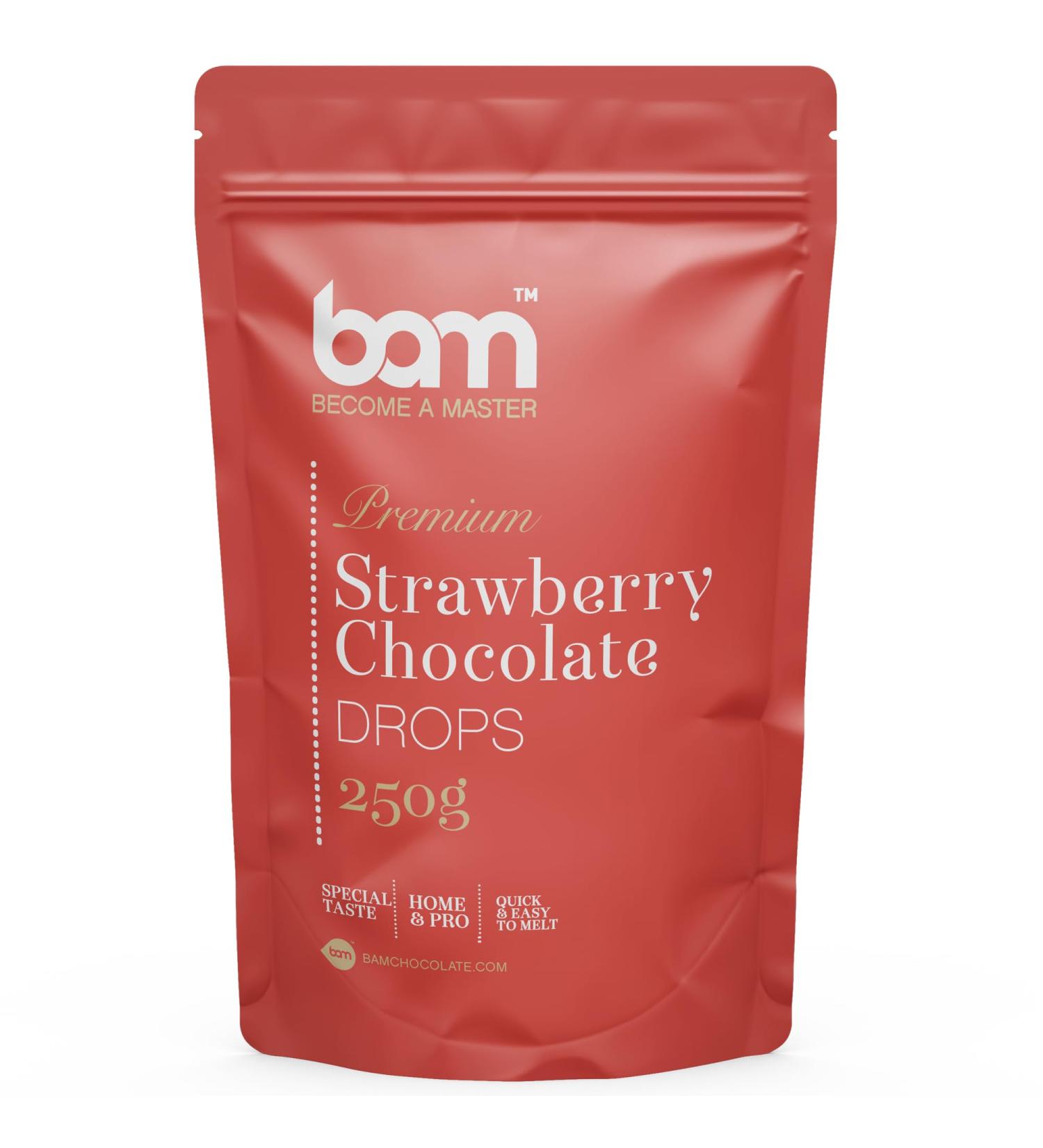 BAM Strawberry Chocolate Drops Callets Melting Chips Home and Pro Baking Strawberry Taste 250g - Buy Online on GoSupps.com