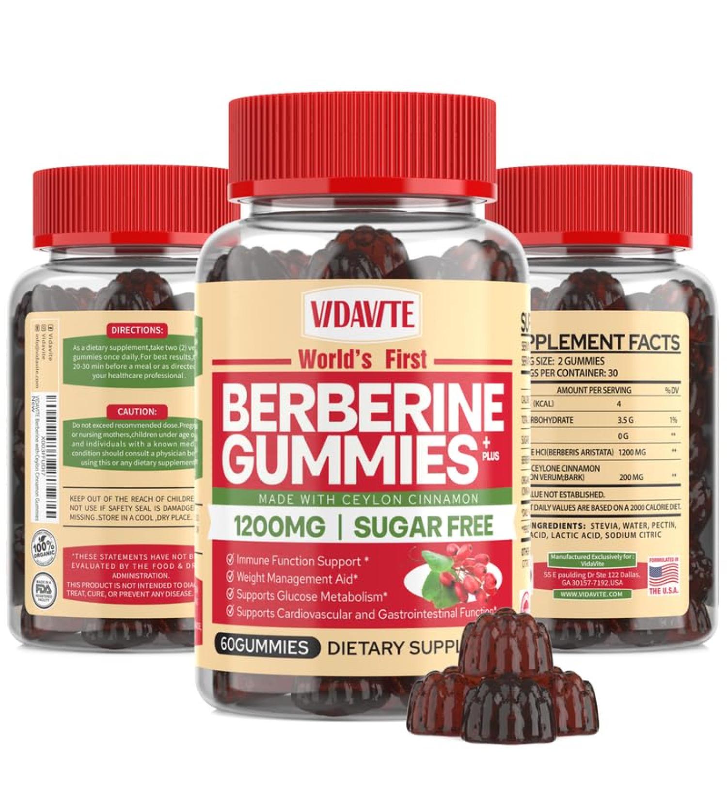 Berberine with Ceylon Cinnamon Gummies - Sugar-Free 98% Pure 10x Absorption - 1200mg Organic Supplement for Weight Loss Immunity Cardiac Metabolic & Digestive Health - Buy Online on GoSupps.com