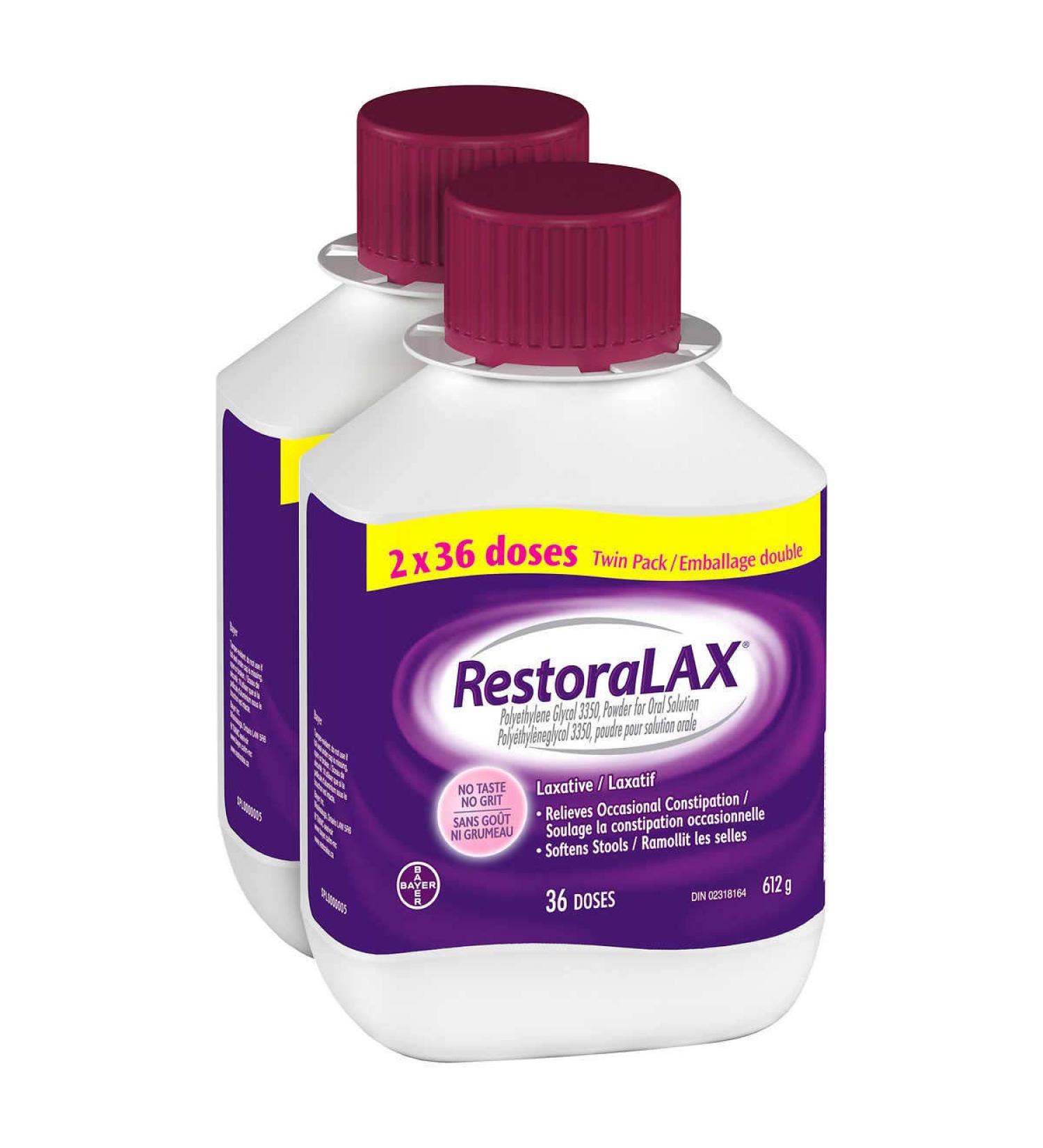 Bayer RestoraLAX Laxative 36 Doses 612g 2-pack Powder For Oral Solution No Taste No Grit WHITE