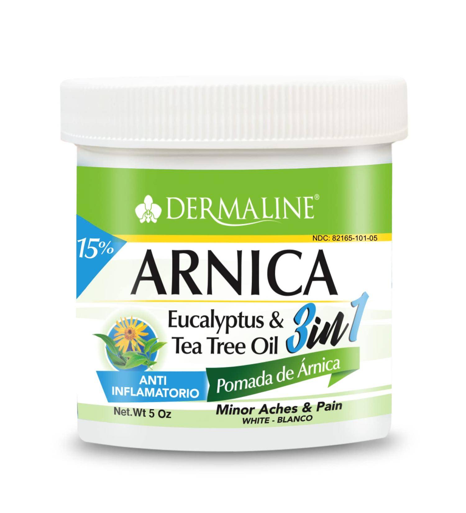 DERMALINE Arnica 3 in 1 Ointment 5 OZ  Eucalyptus  Tea Tree Oil  Vitamin E - Pain Relief from Soreness and Bruises