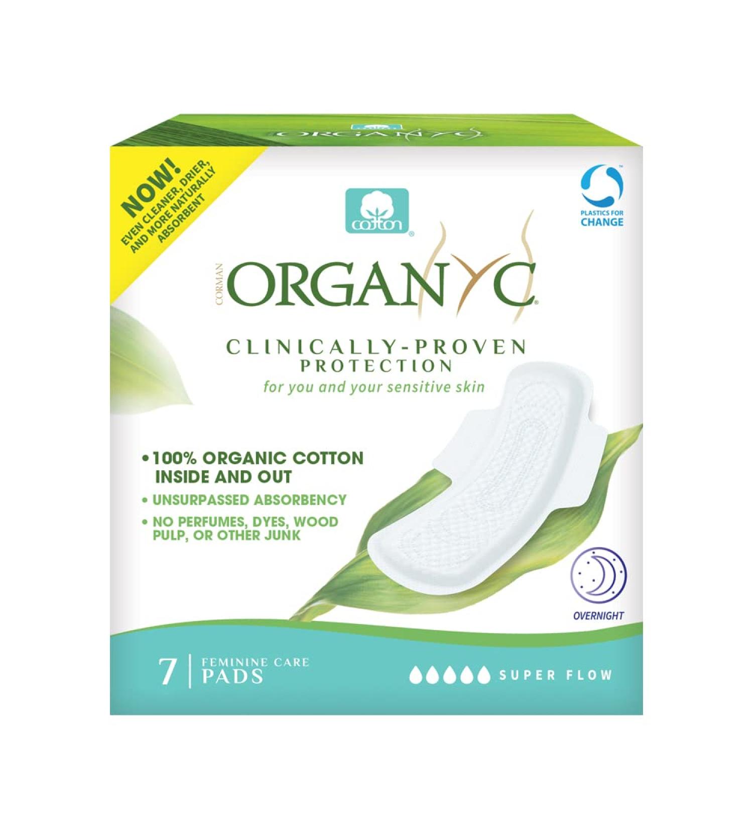 Organyc Organic Cotton Overnight Feminine Pads, Heaviest Flow, Super Absorbency, 7 Count - Buy Online on GoSupps.com