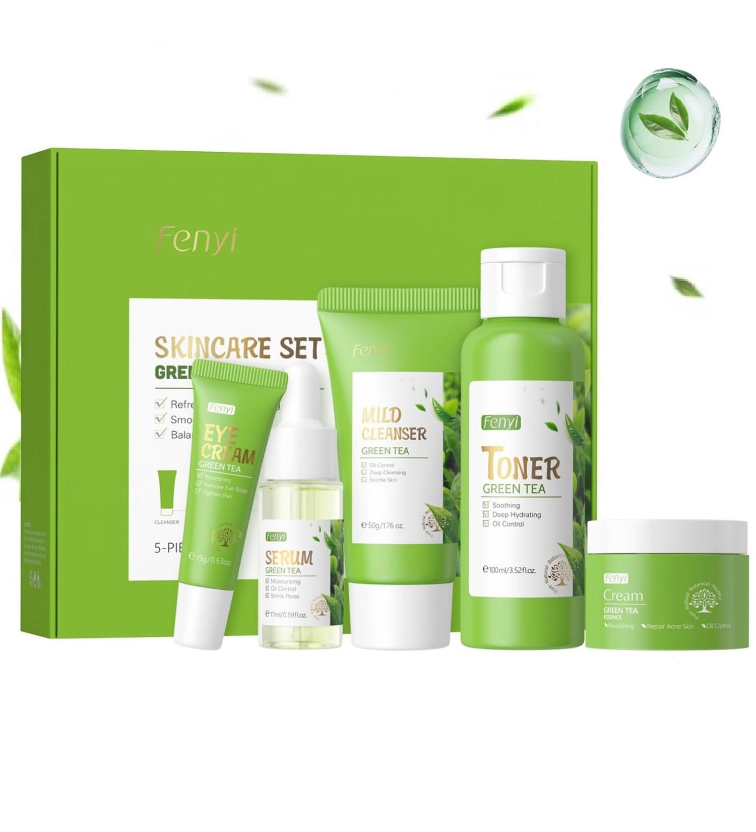 Green Tea Skin Care Set for Women/Teens with Cleanser Toner Serum Eye Cream and Face Cream Deep Cleansing Oil Control Hydrating  - Buy Online on GoSupps.com
