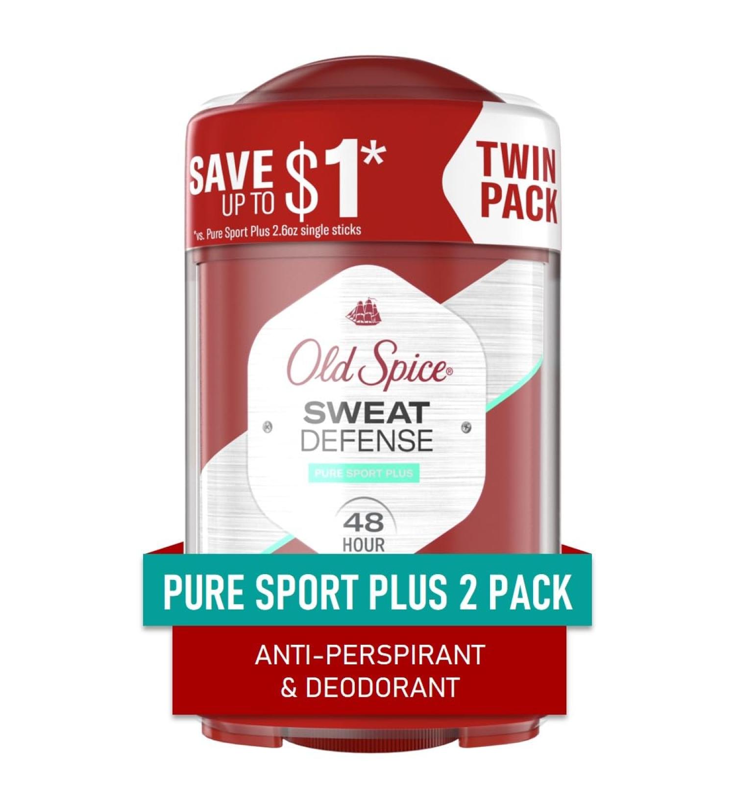 Old Spice Sweat Defense Anti-Perspirant Deodorant for Men - Triple Protection Pure Sport Plus Scent (2 Pack - Buy Online on GoSupps.com