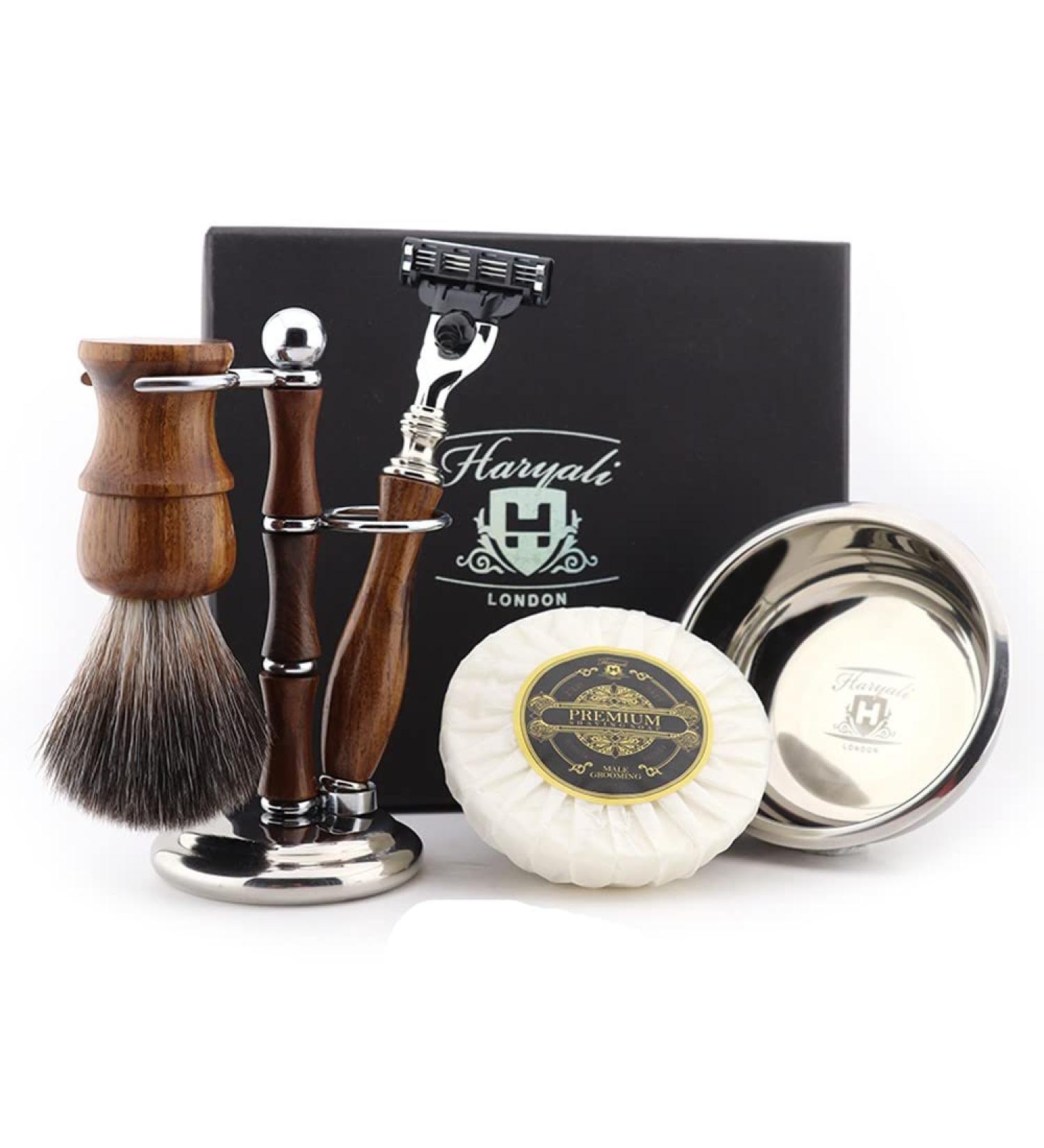 Customizable Wooden Shaving Set with 3 Blades Brush Soap Dish & Gift Box - Perfect Gift for Men - Buy Online on GoSupps.com