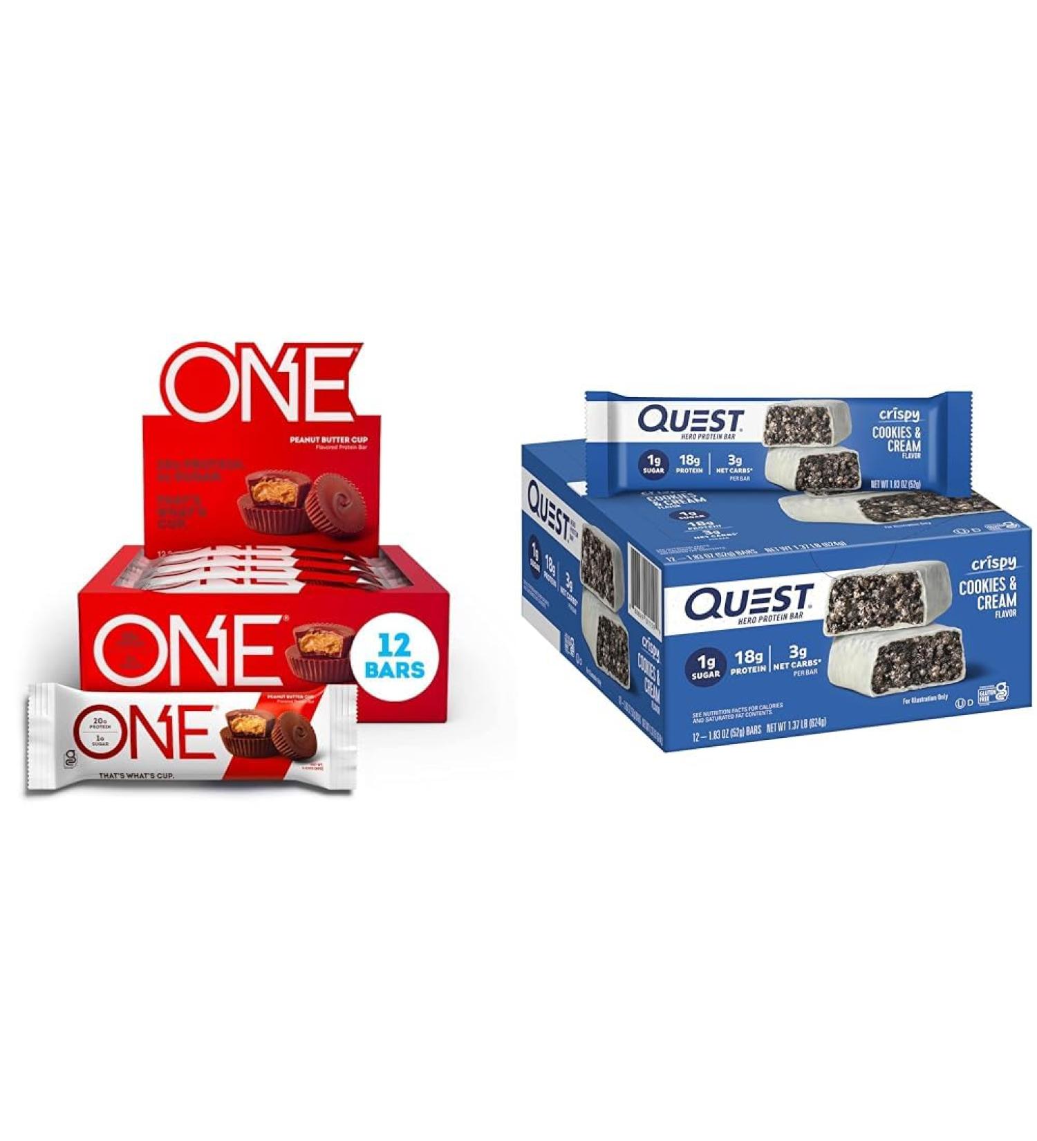 ONE Protein Bars with 20g Protein 12 Count and Quest Hero Protein Bars Cookies & Cream 18g Protein 12 Count - Buy Online on GoSupps.com