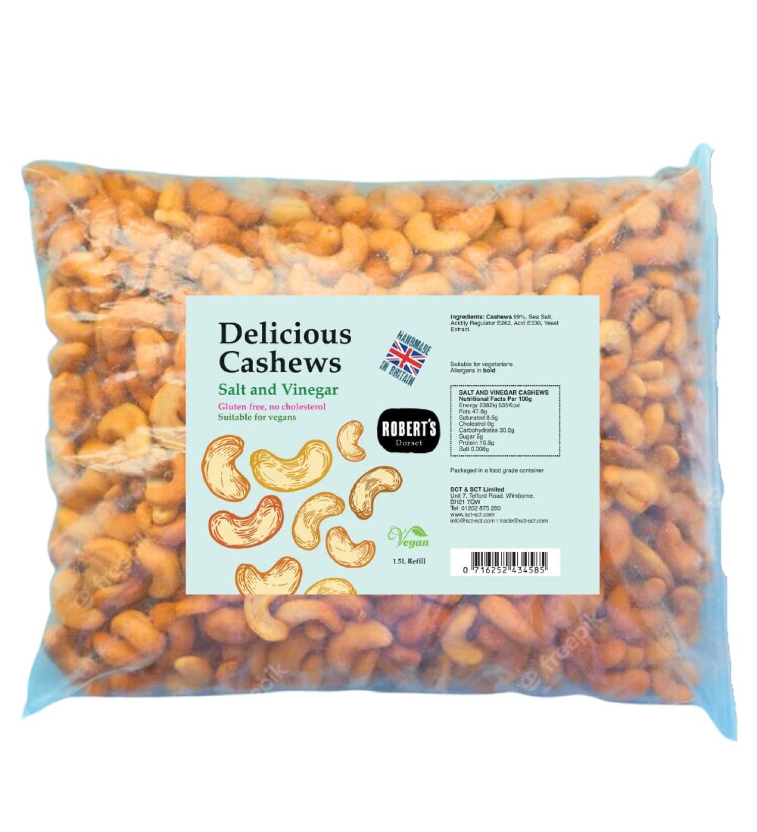 Delicious Cashews 1.5L / 1 Kg - Available in 11 Flavours - Gluten Free Vegan Low Carb High Protein Cholesterol Free - Handmade in Britain with Family Recipe (Salt & Vinegar)
