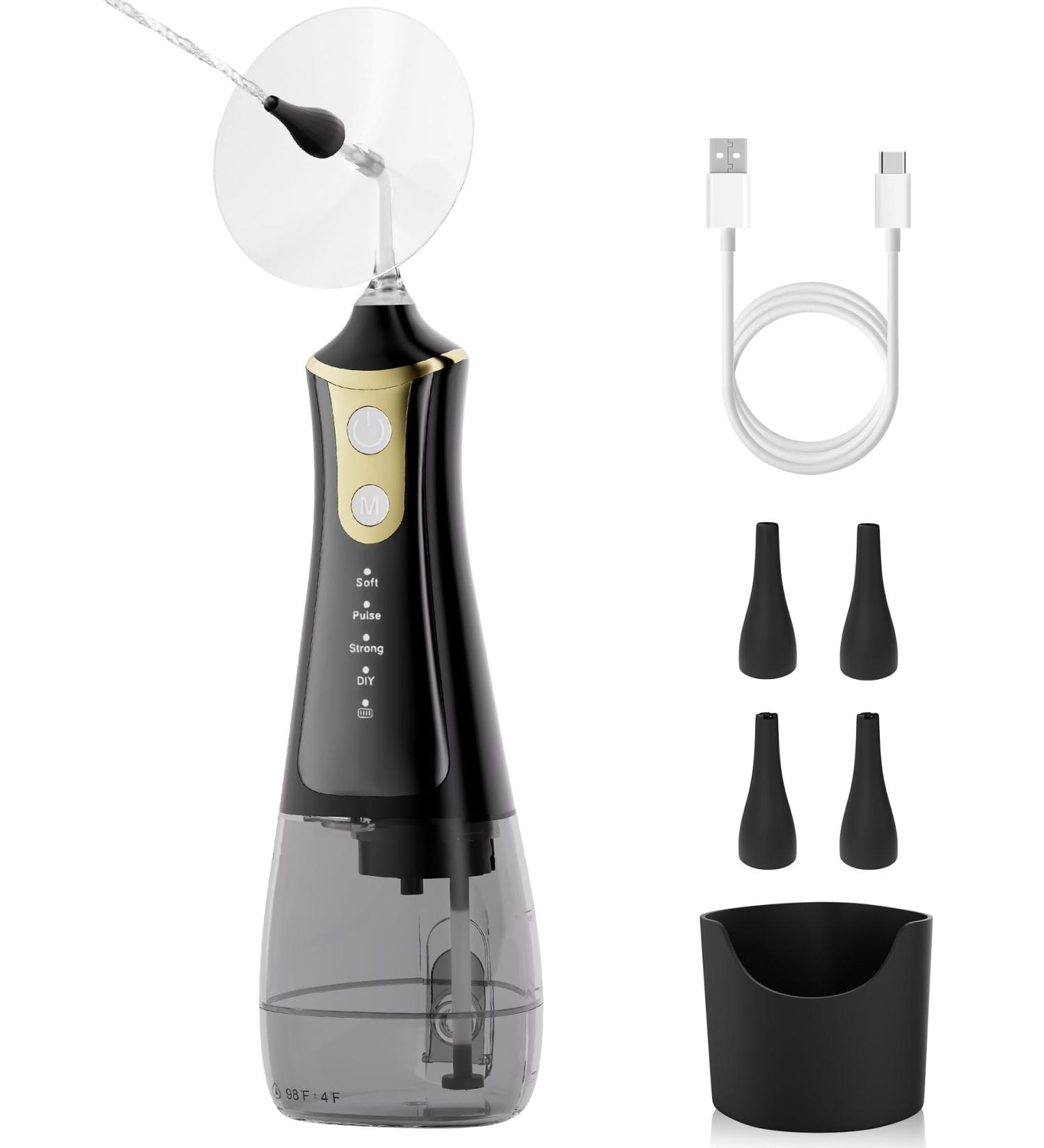 SEEDEAR Electric Ear Wax Removal Kit Ear Wax Cleaner with 4 Water Pressure Modes Ear Cleaning Kit Safer and More Effective Ear Irrigation Flushing System (Golden Black Medium(300ml))