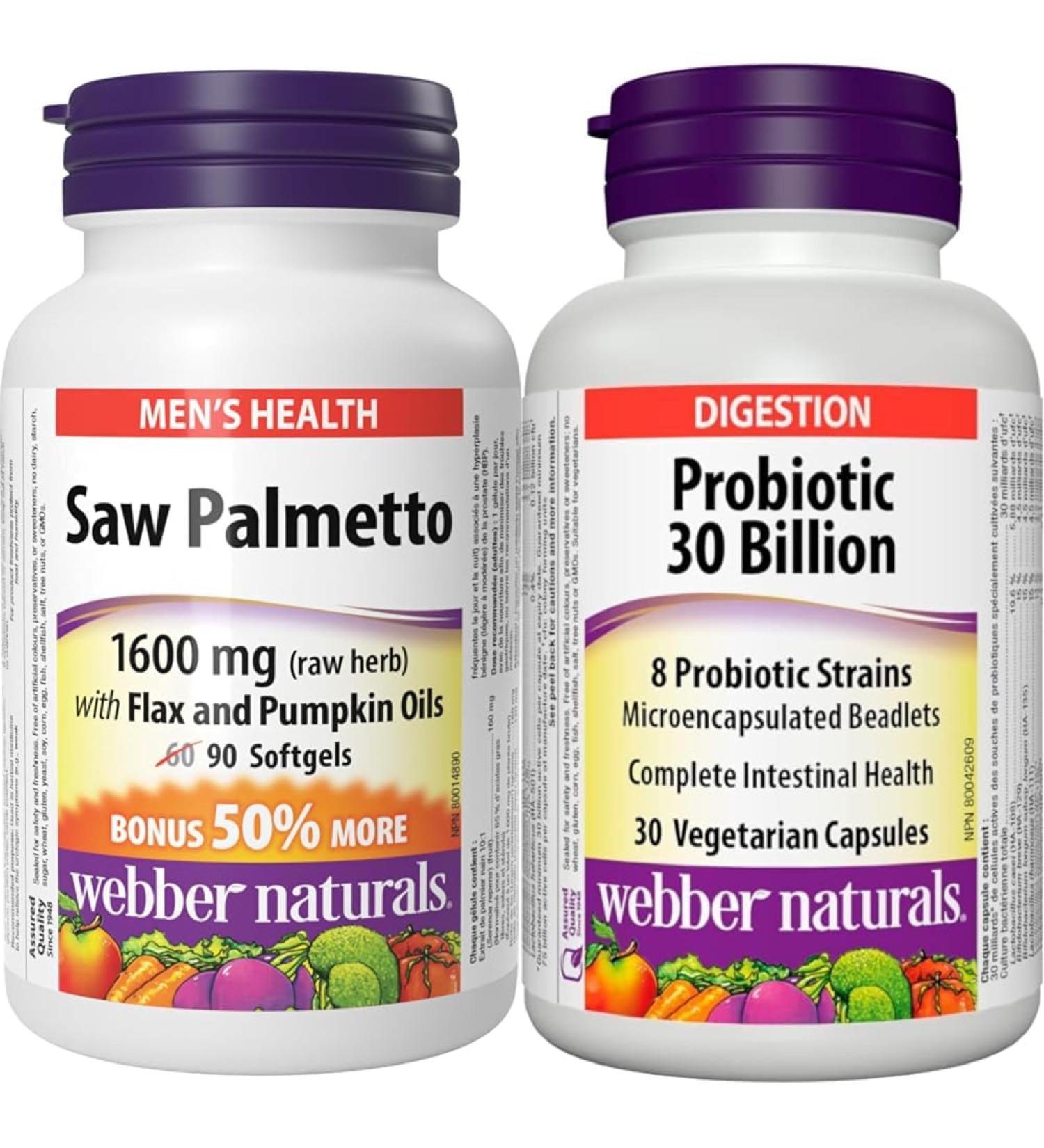 Webber Naturals Saw Palmetto 160 mg Contains Flax and Pumpkin Oil 90 Softgel & Probiotic 30 Billion Active Cells 8 Probiotic Strains 30 Capsules For Digestive Health Vegetarian Saw Palmetto+ Active Cells - Buy Online on GoSupps.com