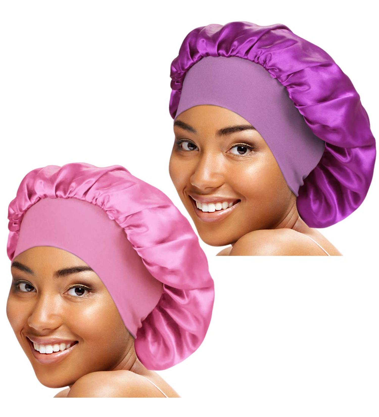 2-Piece Wide Satin Sleep Bonnet Set for Women - Purple + Pink | Soft Night Hat - Buy Online on GoSupps.com