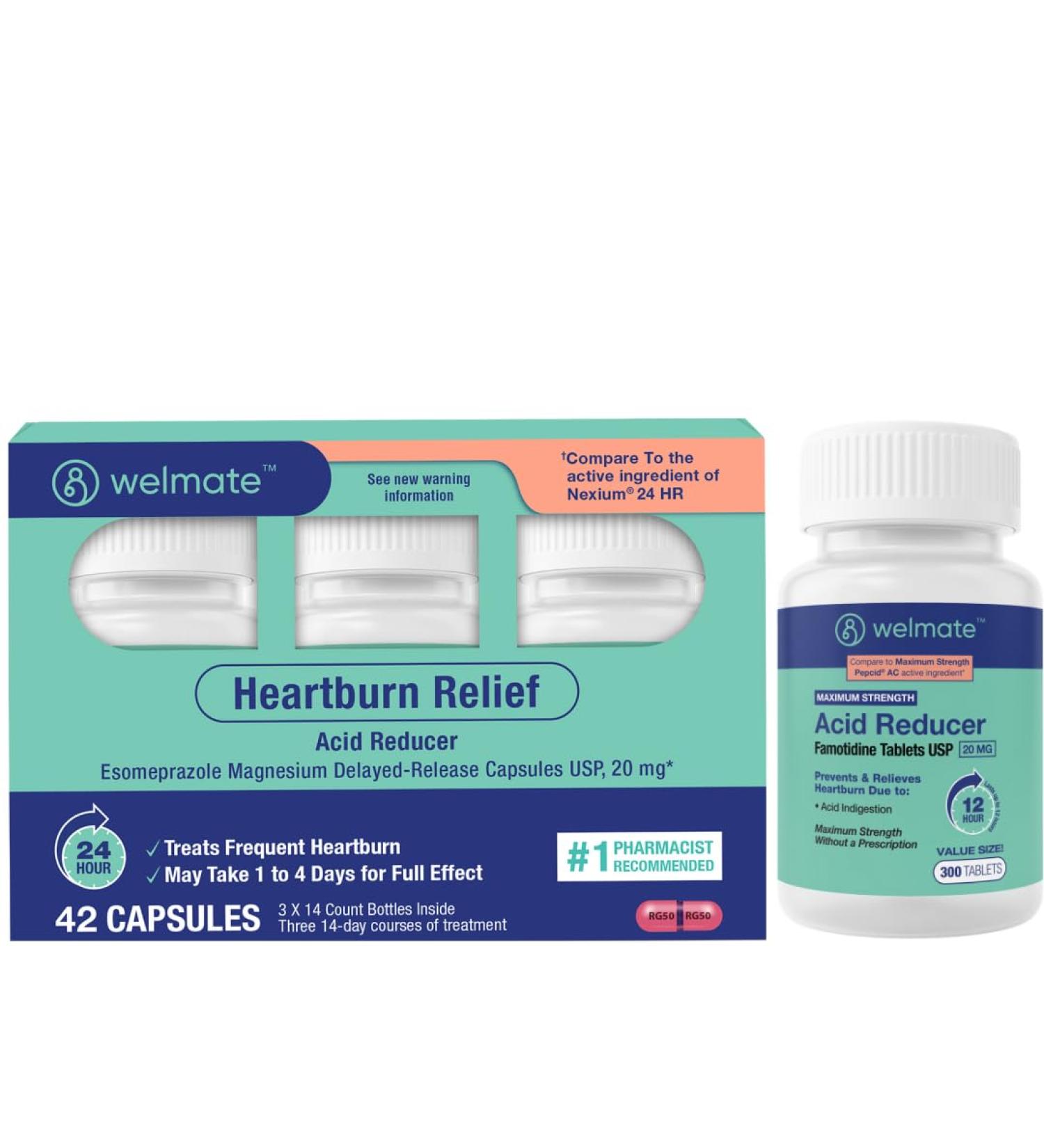 WELMATE Heartburn Relief Bundle 24HR + Fast Acting Acid Reducers Esomeprazole 42ct + Famotidine 300ct - Buy Online on GoSupps.com