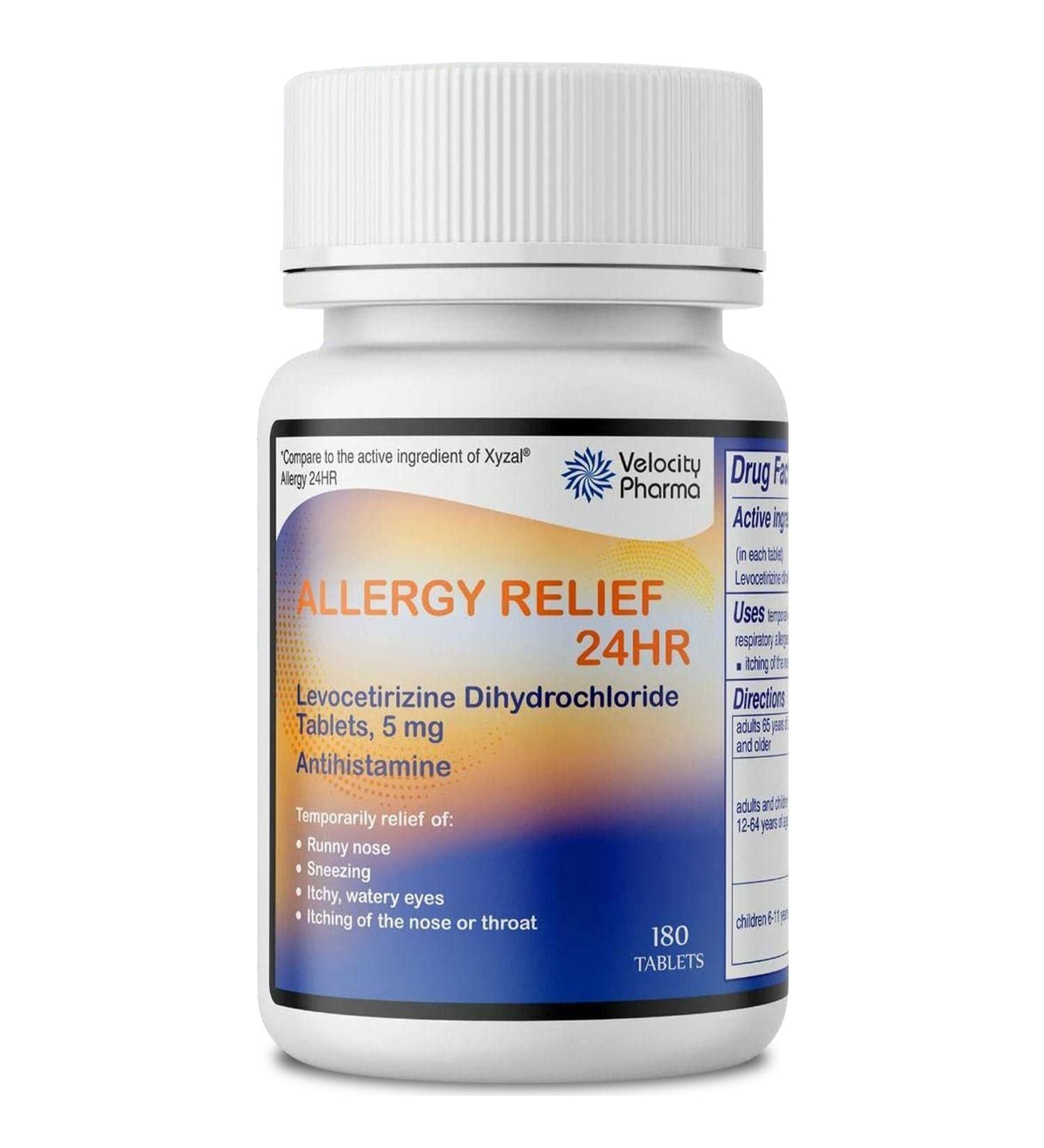 Velocity Pharma Levocetirizine Dihydrochloride 5mg Tablets USP - 24 Hour Allergy Relief (180 Count) - Buy Online on GoSupps.com