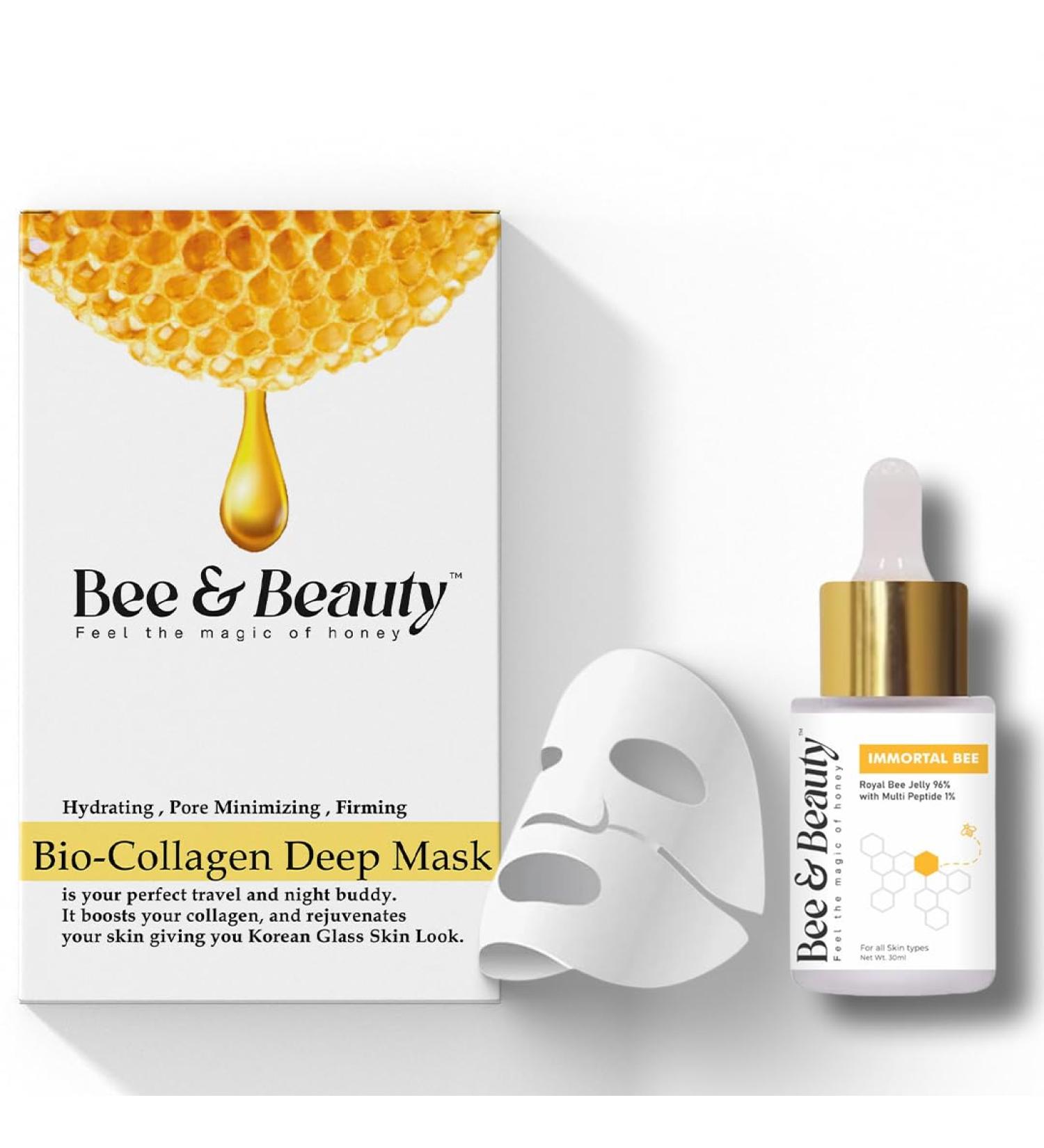 Bee & Beauty Bio-Collagen Deep Mask And Immortal Bee Face Serum Combo With Powerfull Royal Jelly Formula Deep Hydration & Firming Skincare Combo Helps Improving Skin Elasticity - Buy Online on GoSupps.com