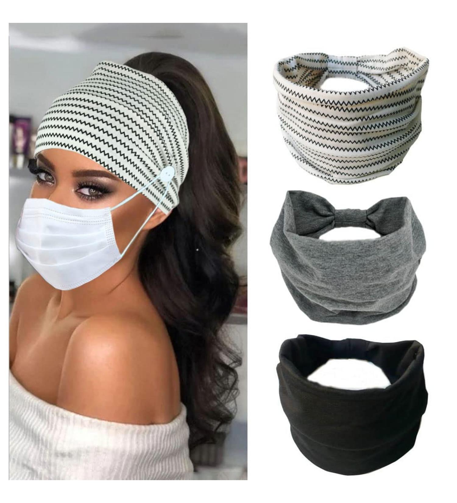 Boho Button Headband Set for Women - Wide Nurse Mask Hair Band with Button, Elastic Sports Headwear and Ear Saver - Perfect for Yoga, Workout and Everyday Wear - Buy Online on GoSupps.com