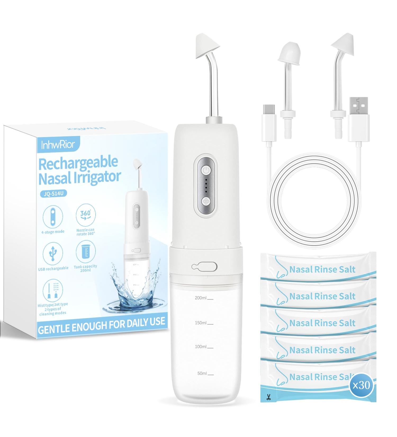 InhwRior Electric Nasal Irrigator Set Nose Rinse Pulsating Variable-Flow Mist & Stream Nozzles 200 ml Large Tank 30 Uses Cleanser Supports 1.8 g/200 ml Mix typec Fast Charging JQ-S14U - Buy Online on GoSupps.com