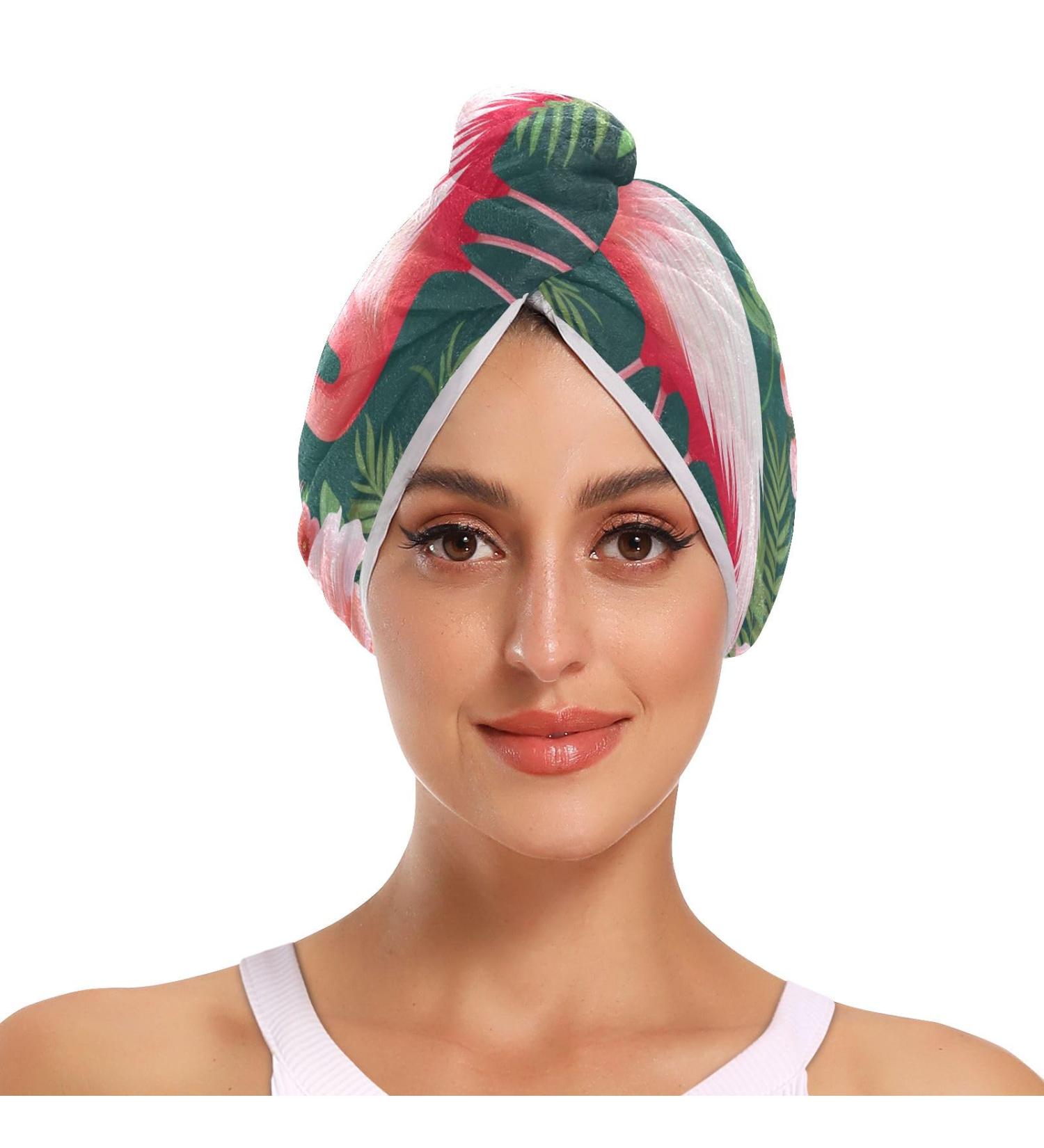 Tropical Flowers Flamingo Hair Towel 2 Pack Super Absorbent Quick Dry Hair Turbans for Women & Girls - Buy Online on GoSupps.com