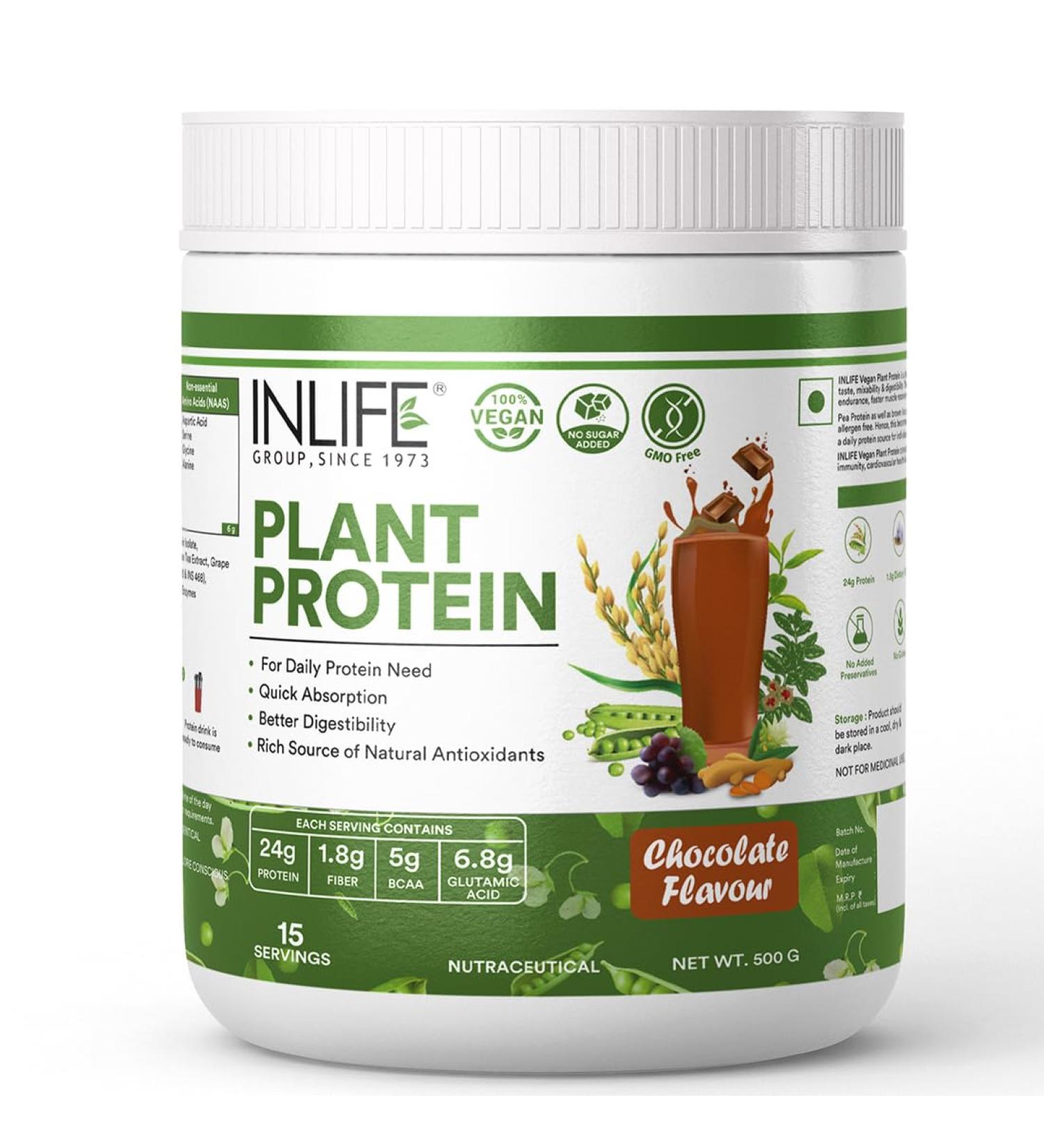 INLIFE Plant Protein Powder - 25g Protein from Pea Quinoa & Brown Rice - Chocolate Flavor with Ashwagandha Green Tea & Grape Seed Extract - 500g International Shipping - Buy Online on GoSupps.com