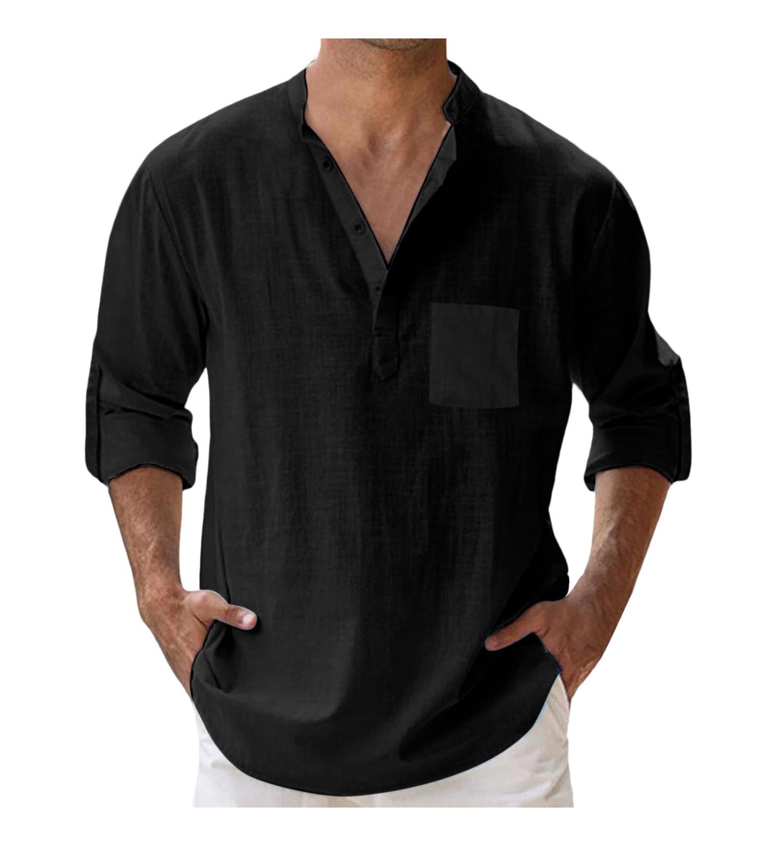 Summer Long Sleeve Men's Shirt - Light & Airy Slim Fit Iron-Free Leisurewear in Black Cotton (4XL XXL) - Casual Linen Stand-Up Collar - Buy Online on GoSupps.com