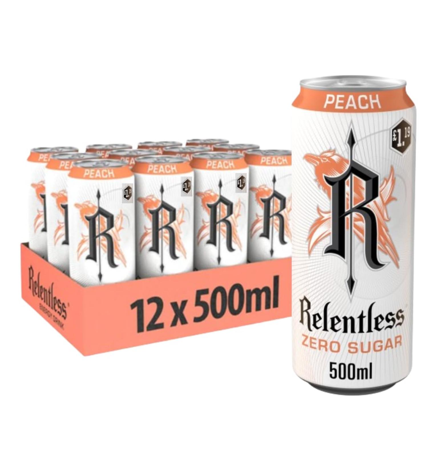 Relentless Peach Zero Sugar Energy Drink (12x500ml) Peach 12x500ml - Buy Online on GoSupps.com