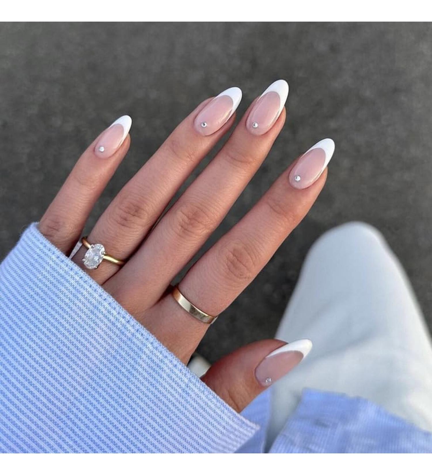 24Pcs/Set Press On Nails Medium Length White nude Sparkling Diamond False Nails Acrylic Fake Nails Full Cover Nails Tips Artificial Finger Manicure Press on nails for Women and Girls - Buy Online on GoSupps.com