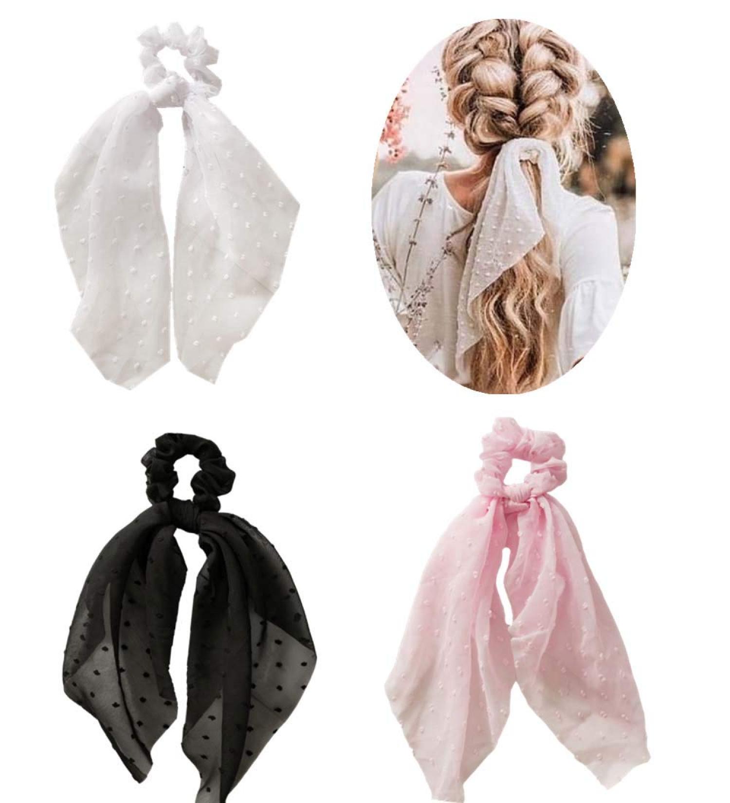 SCRMROIA Polka Dot Daisy Flower Hair Scarf Scrunchies - 3 Pack Silk Satin Scrunchy Bowknot Hair Bands for Women & Girls - Buy Online on GoSupps.com