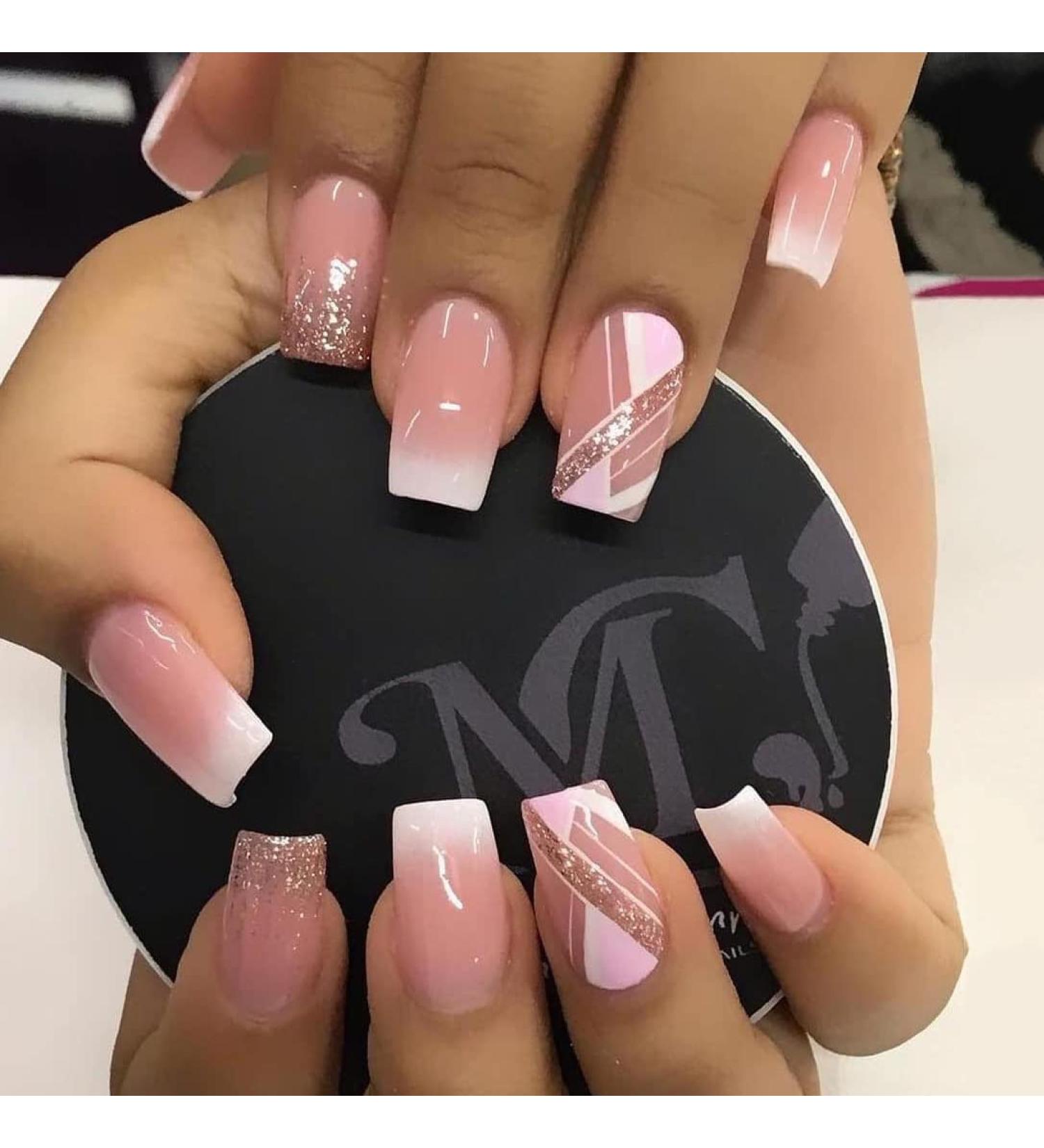 French Tip Press on Nails - Short Square Press On Nails with Nail Tips Sparkling pink plaid pattern Design gradient pink press on nails Acrylic False Nails Cute Artificial Nails - Buy Online on GoSupps.com